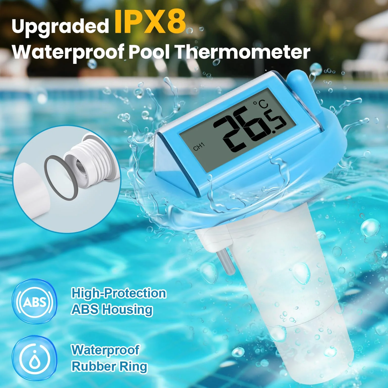 Thermomètre Piscine Solaire PATEMZON, Sans Fil Flottant avec Récepteur Radio LCD