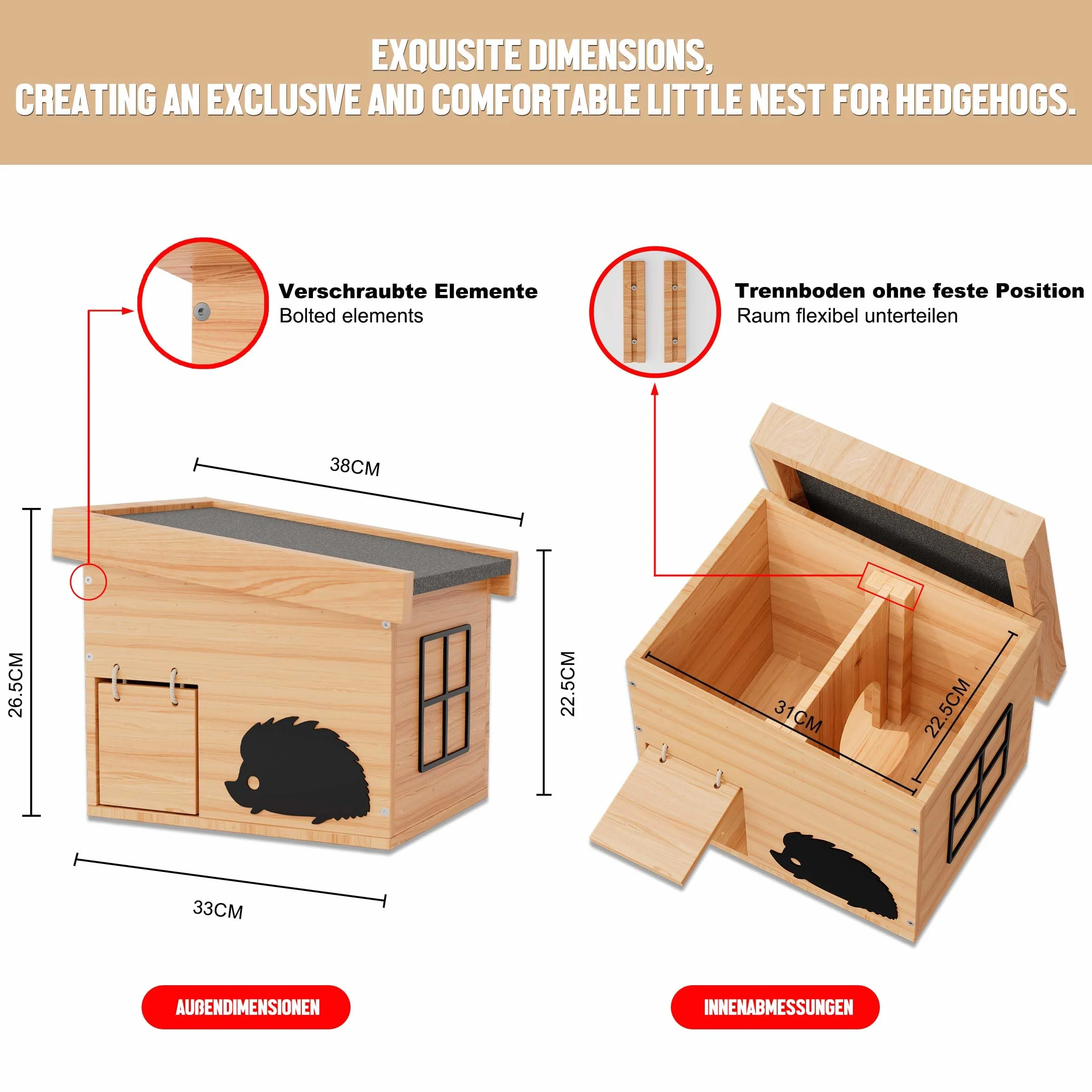 Maison pour hérisson en Bois avec Sol Résistant à l'hiver et aux intempéries Kit de Construction (hêtre)