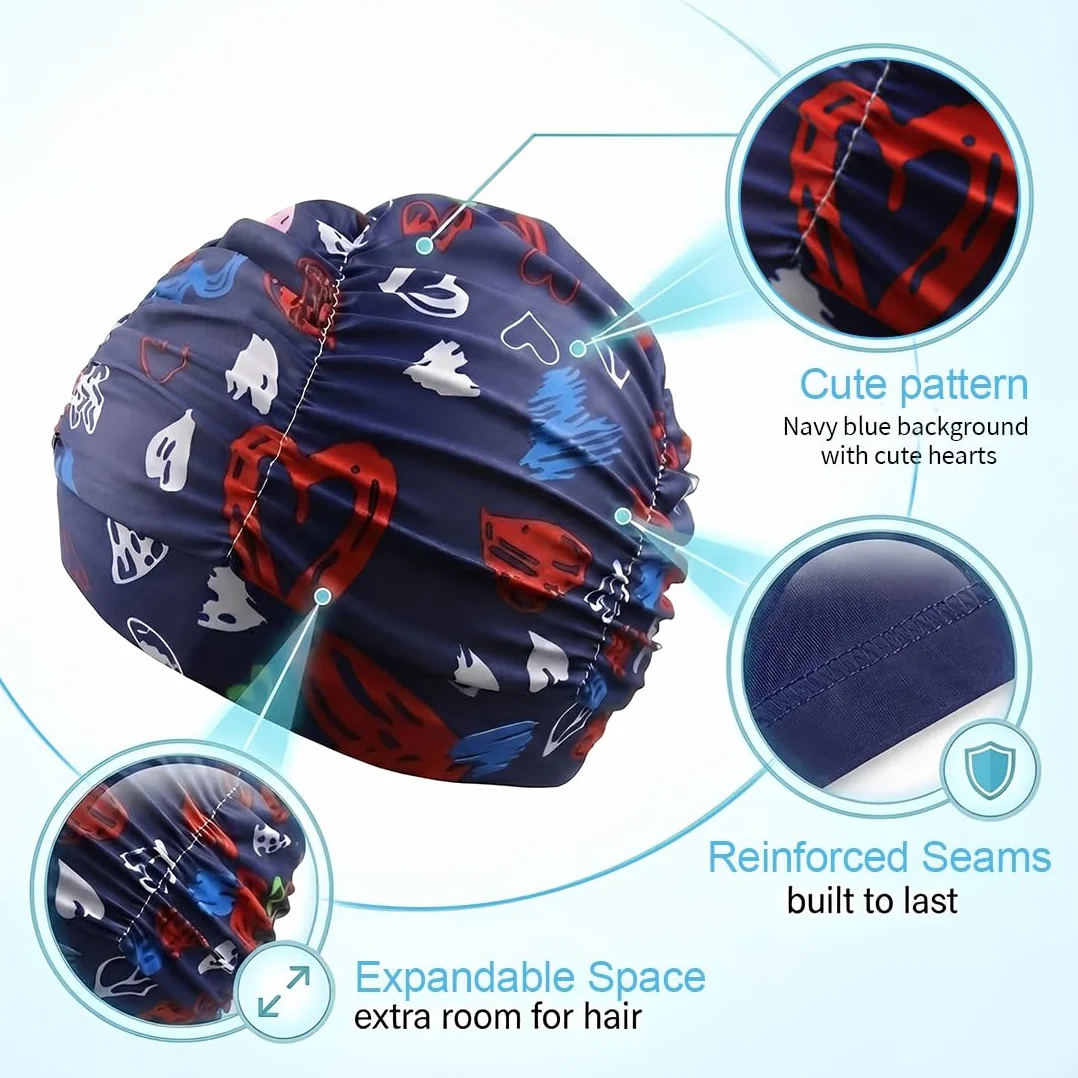 Bonnet de Bain Nylon à Motifs Cœurs, Fond Bleu Marine, 1 Pièce