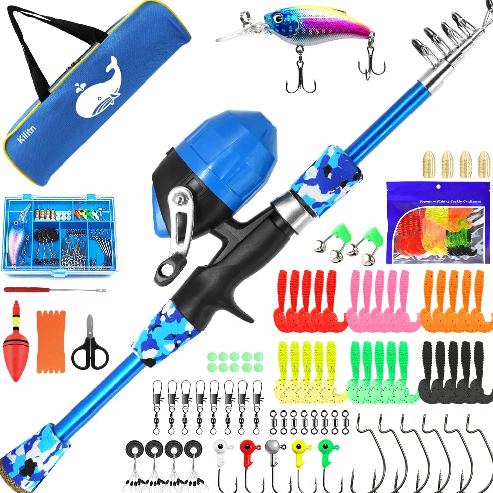 Kit de Canne à Pêche pour Enfants 86 Pièces - Canne Télescopique et Moulinet avec Boîte à Pêche et Sac de Voyage