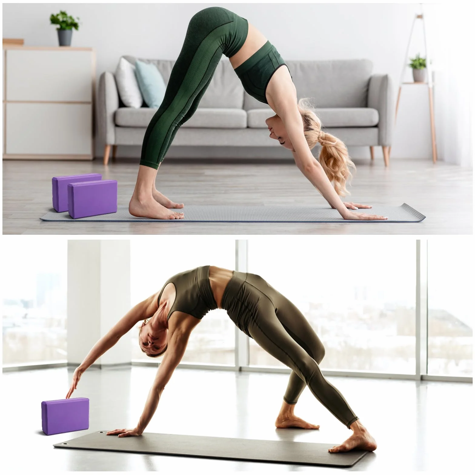 Lot de 2 blocs de yoga en mousse EVA haute densité, antidérapants, légers, adaptés pour le yoga, Pilates, fitness, unisexe (violet, 1)
