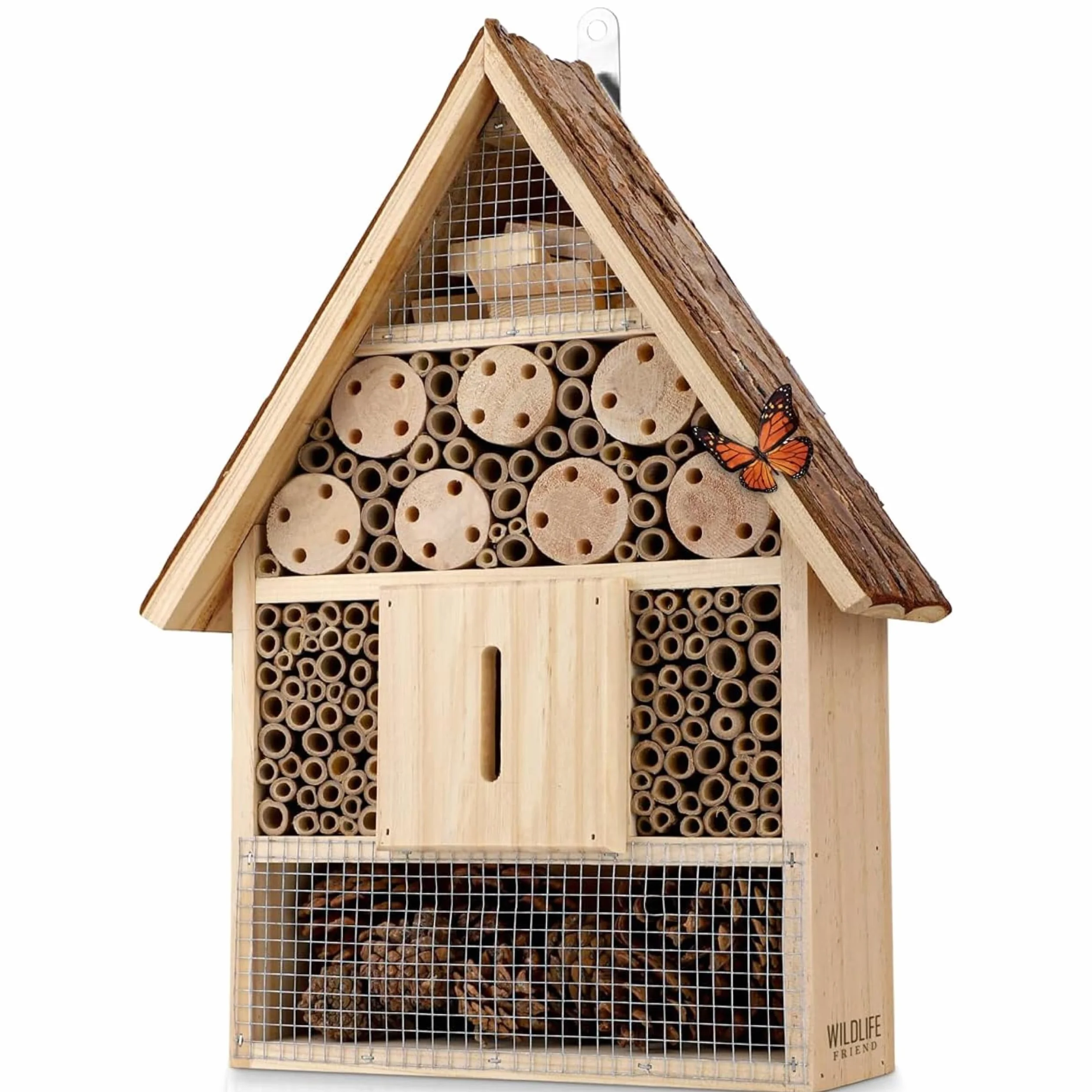 Hotel à Insectes en Bois avec Toit en écorce 40cm pour Abeilles Coccinelles Papillons