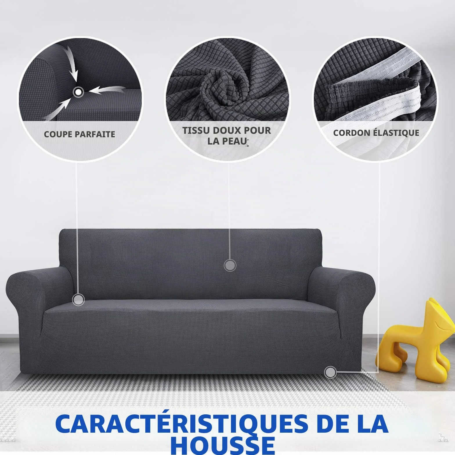 MAXIJIN Housse de canapé extensible 3 places Gris, housse universelle jacquard protecteur pour salon, pet friendly