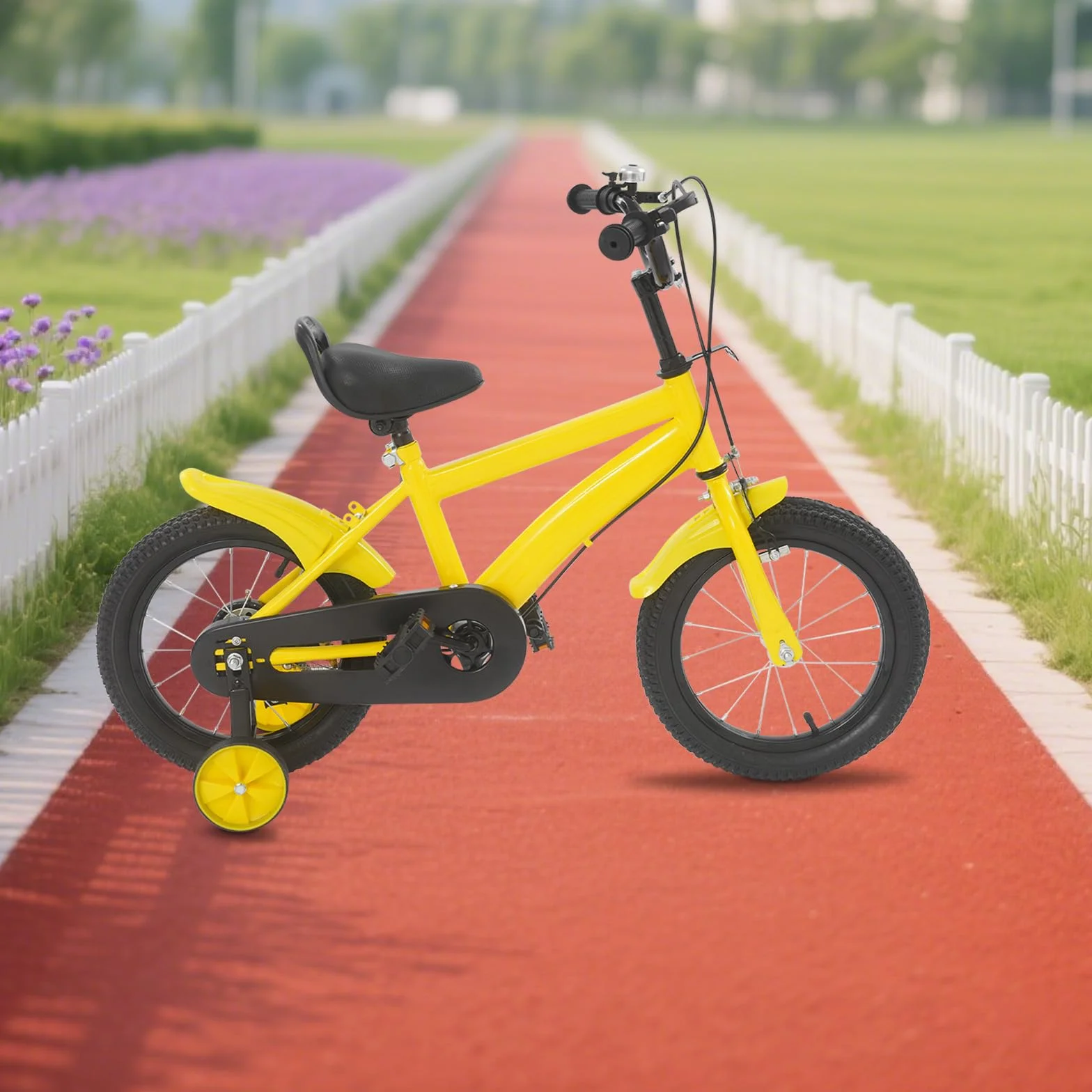 Vélo pour enfant 14 pouces, avec stabilisateurs, vélo pour garçon et fille, guidon et selle réglables en hauteur, cadre léger en acier au carbone, double système de freinage, garde-boue
