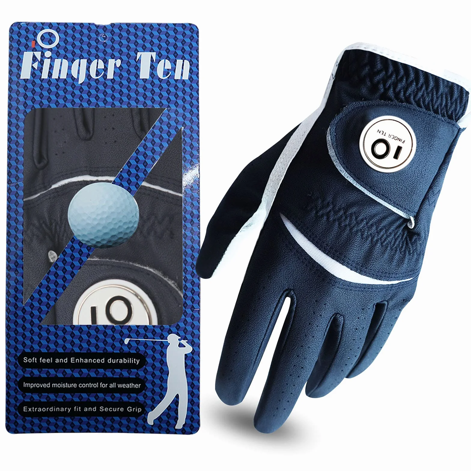 FINGER TEN Gant de Golf Homme Cuir avec Marqueur de Balle, Gants Durable Doux Confortable S M ML L XL Bleu Foncé