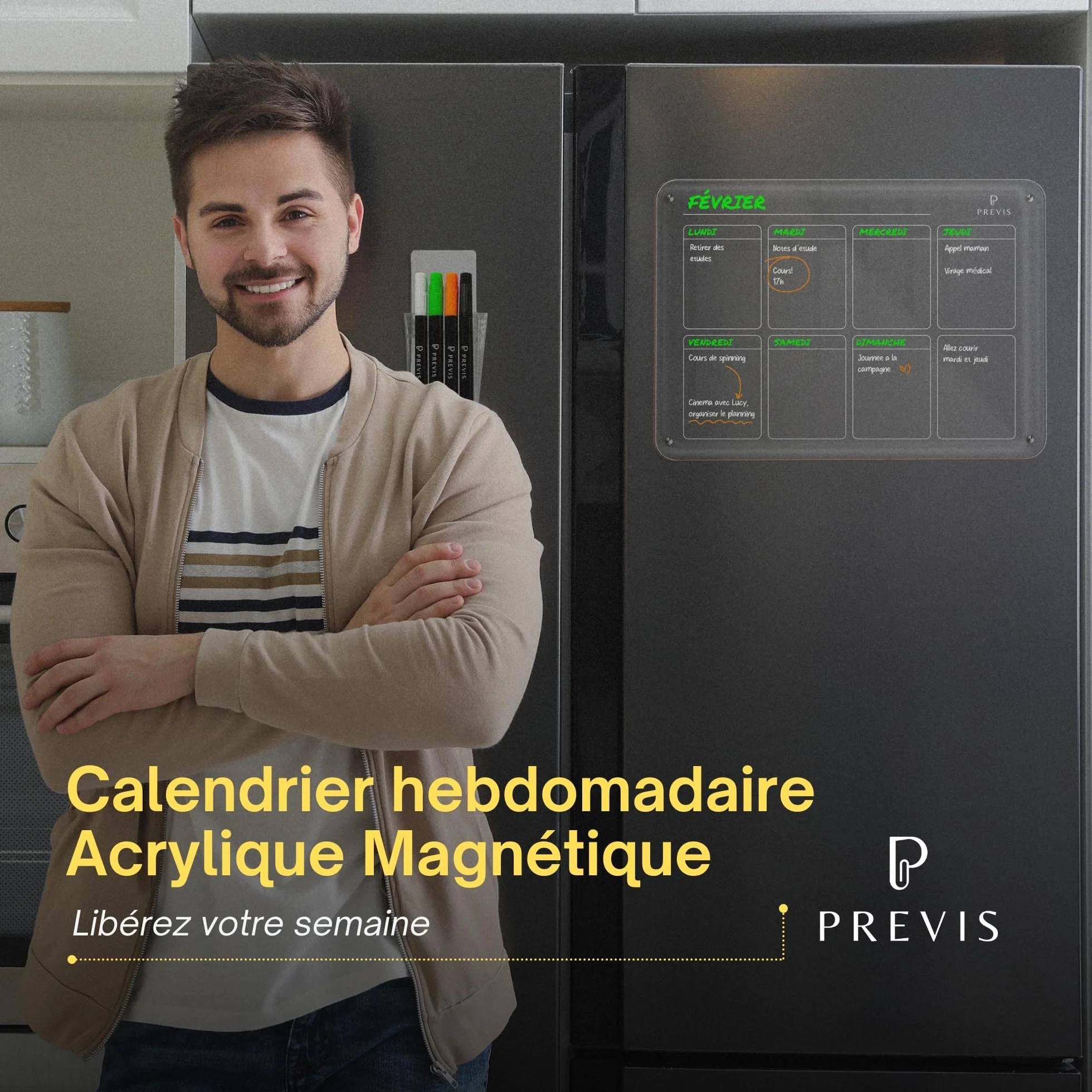 PREVIS BRAND Planning Frigo Magnetique Hebdomadaire Plexiglass Transparent A3 (30x40cm) avec 4 Marqueurs - Tableau Planner Frigo Acrylique