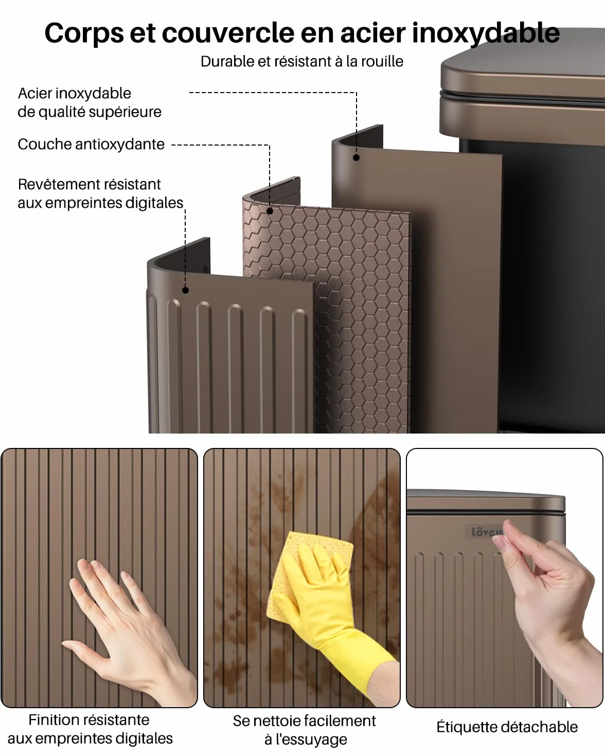 lovewind Poubelle 60L Inox Brun à Pédales, Couvercle Silencieux, Seau Intérieur avec Poignées