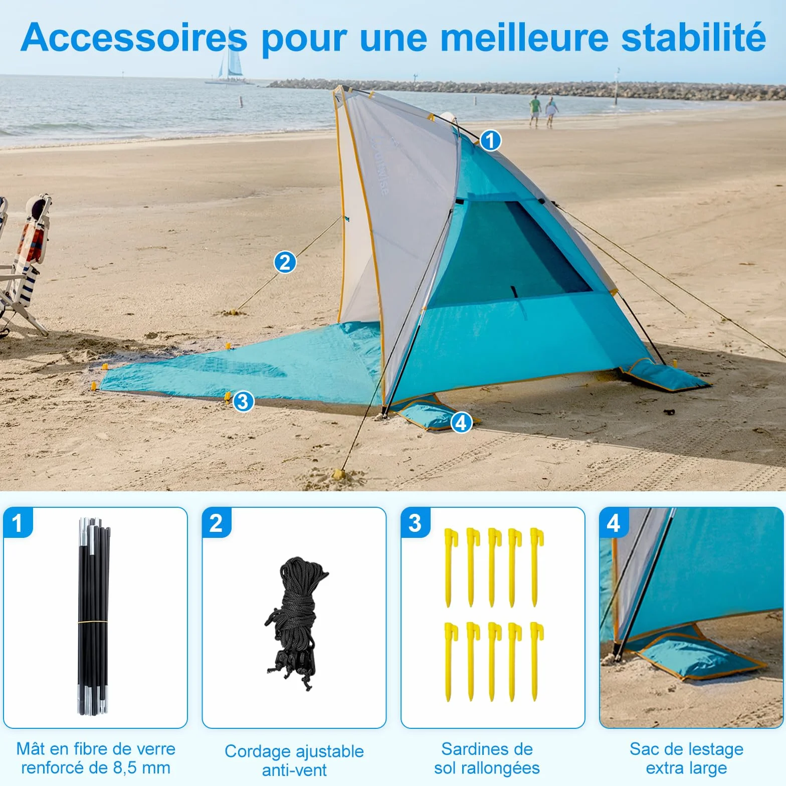 Wolfwise Tente de Plage Portable 3 Personnes avec Patin d'extension, Protection Solaire UV 50+ , 210 x115x125 CM ( 83 x45x49 IN), Bleu