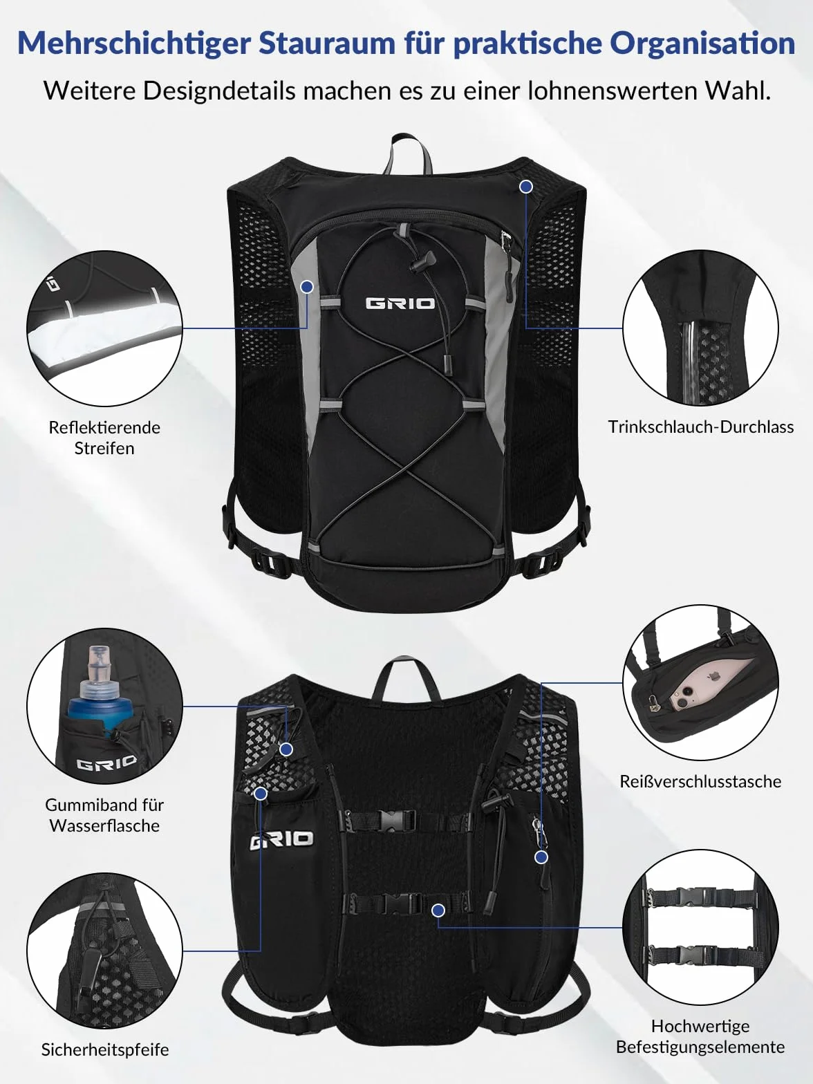 Gilet d’Hydratation 1.5L GRIO - Sac à Dos de Course Léger et Respirant pour Homme et Femme - Idéal pour Trail, Marathon, Vélo - Stable et Confortable