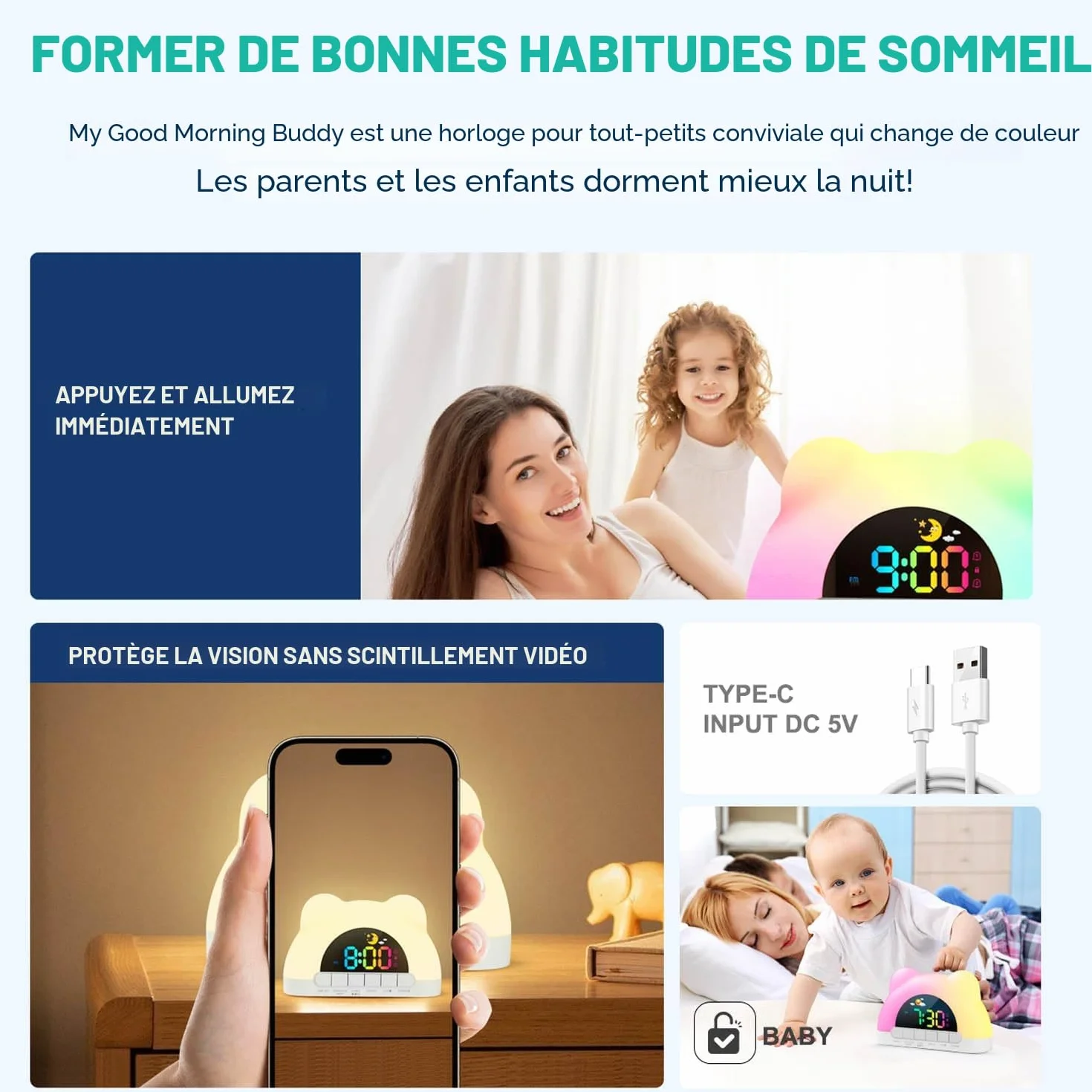 Réveil Numérique Enfant avec Veilleuses RGB, Snooze, Câble USB