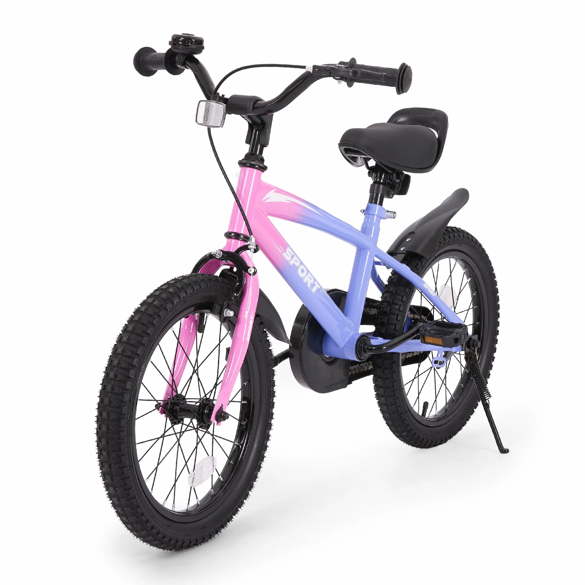 BODIOO Vélo enfant 16 pouces pour garçons et filles avec siège réglable, roues stabilisatrices, frein à main, frein à rétropédalage et cadre stable pour conducteurs de 104 à 117 cm (dégradé de violet)