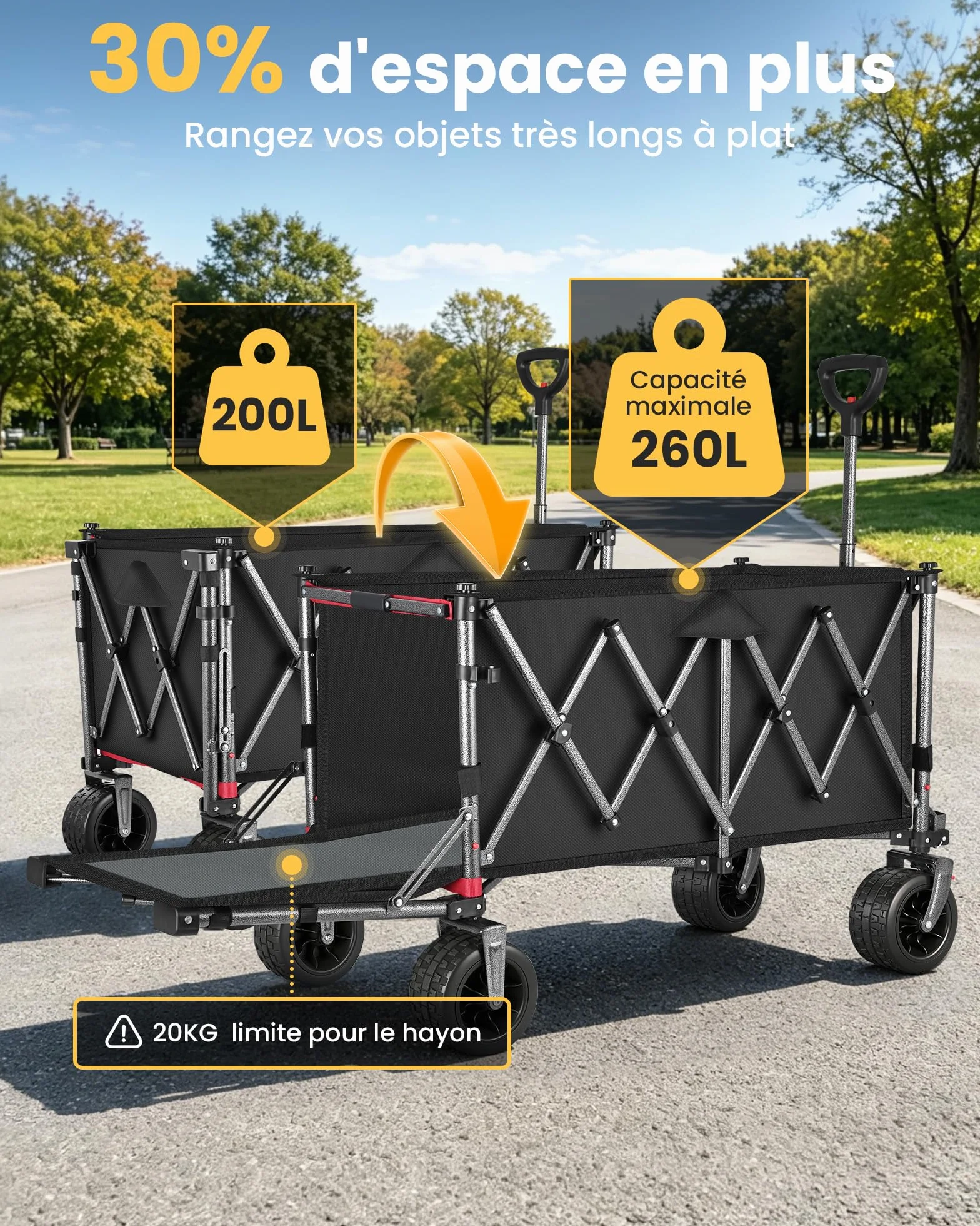 Chariot Pliable 260L 250KG, Chariot de Plage Tout-Terrain Léger 13KG, Roues Large 17cm