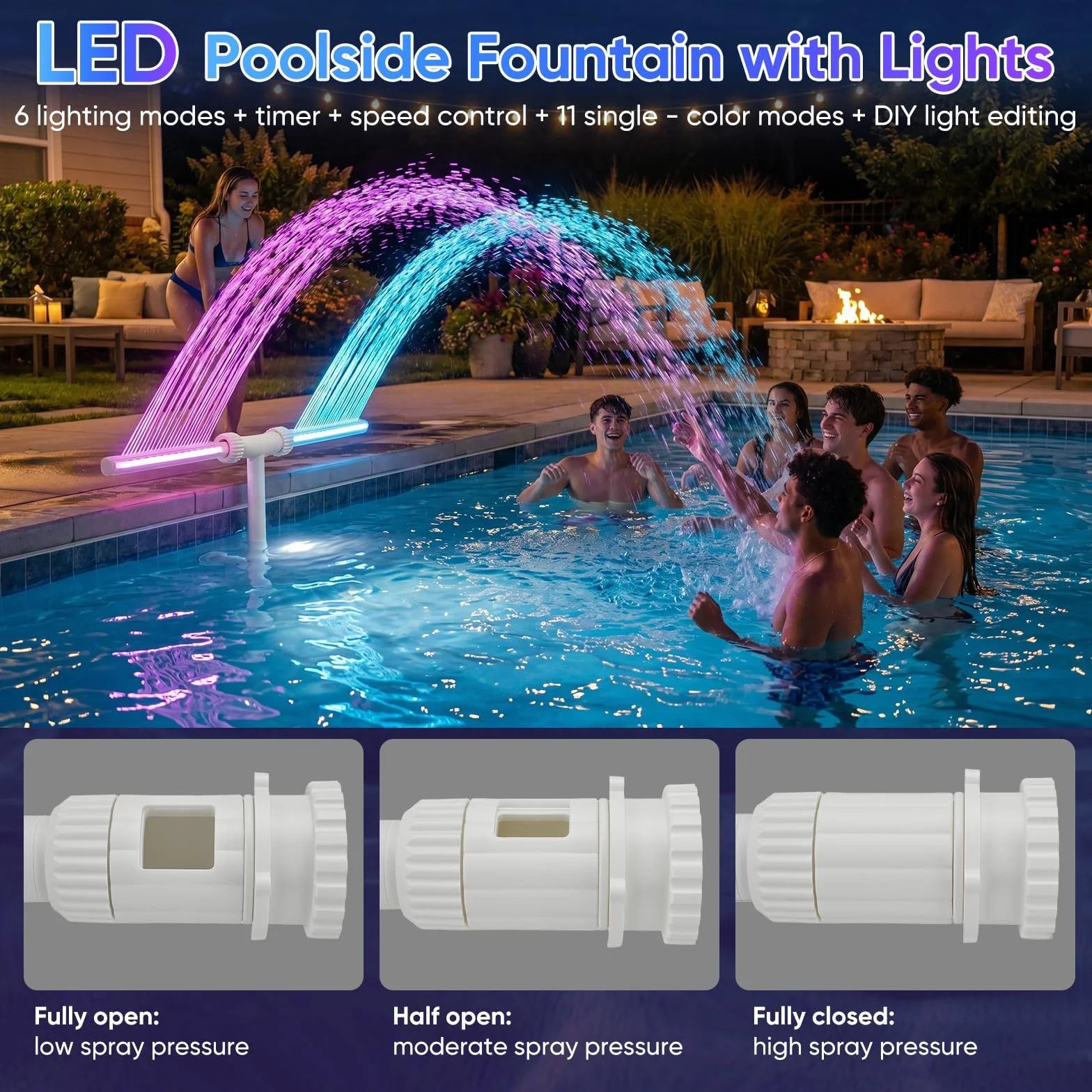Fontaine solaire cascade LED télécommande APP 11 couleurs 6 modes rechargeable 10h autonomie piscine hors-sol encastrée