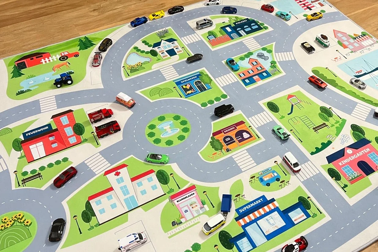 Tapis de Route Cute City pour Enfant – Tapis de Jeu avec Dos Antidérapant, Couleurs Vives, 200 x 140 cm