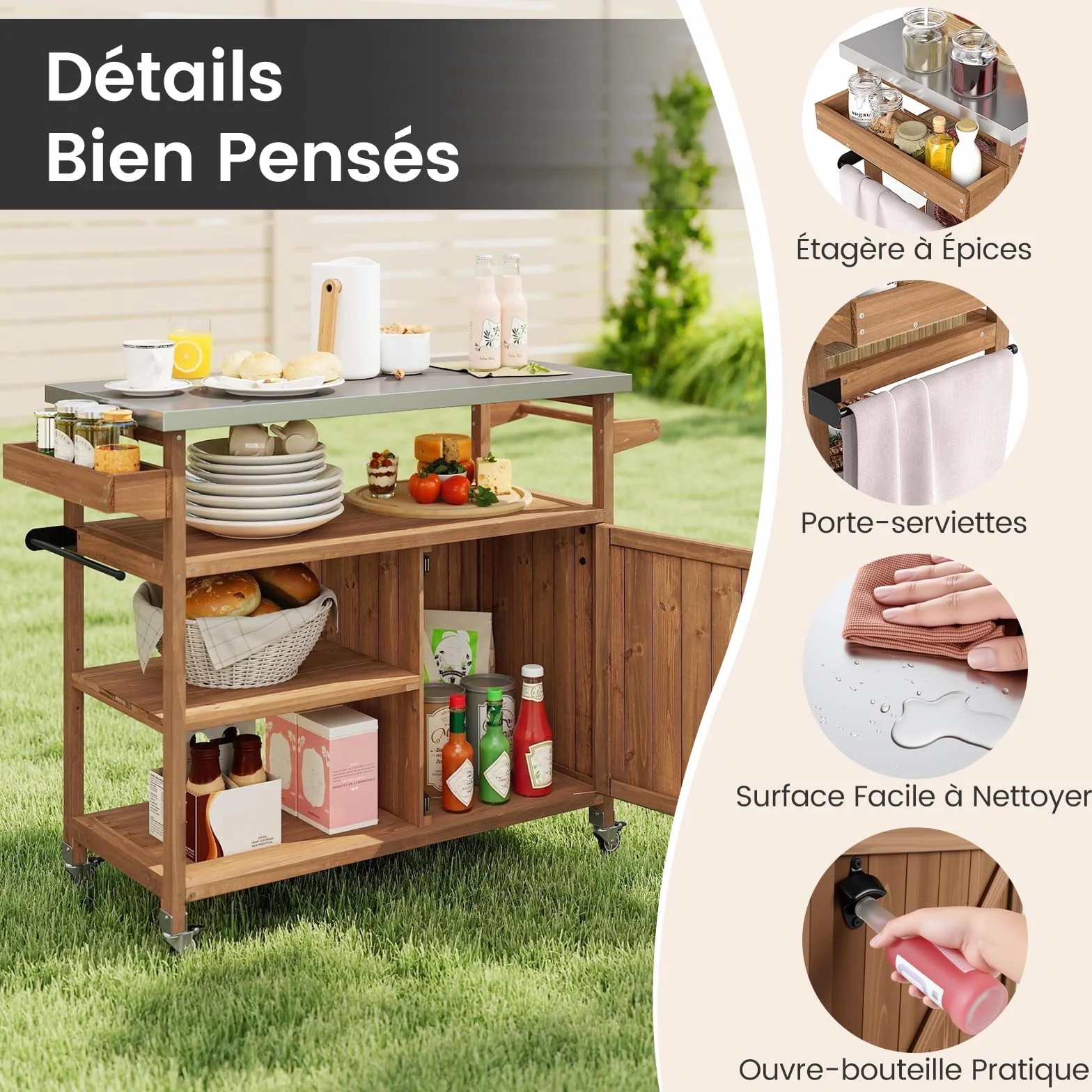 COSTWAY Chariot d'Extérieur en Bois avec Rangement, Meuble de Préparation BBQ avec Plateau 3 Étagères Ouvertes & Armoire