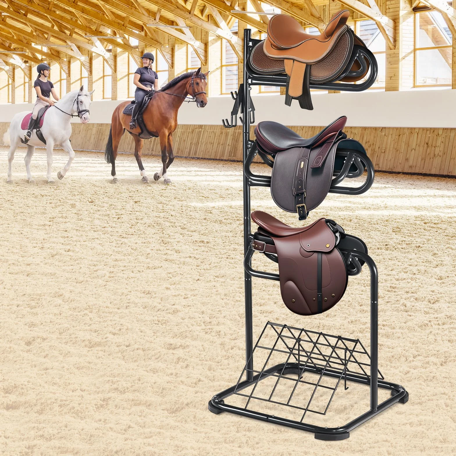 VEVOR Support de Selle Cheval, Porte-Selle Anglais Western Autoportant, Niveaux Rotatifs, Rangement de Couverture et Coussin, pour Matériels Chevaux d'Équitation, Organisation de Sellerie, d'Écuries