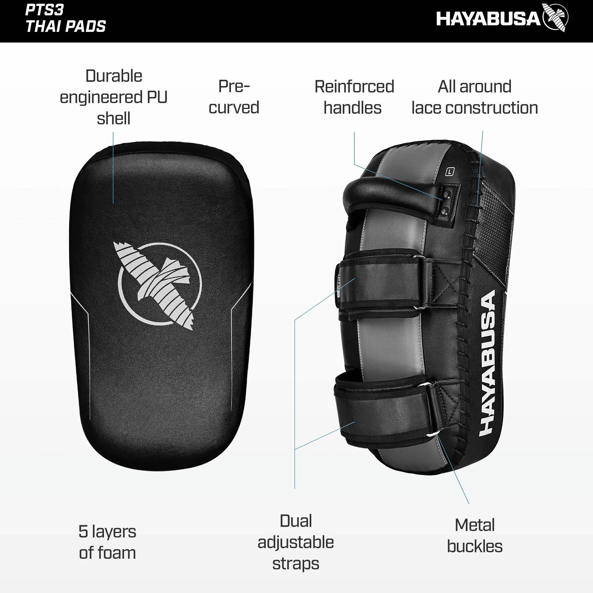 Hayabusa PTS3 Thai Pads - Pre-curved - Black - Standaardmaat
