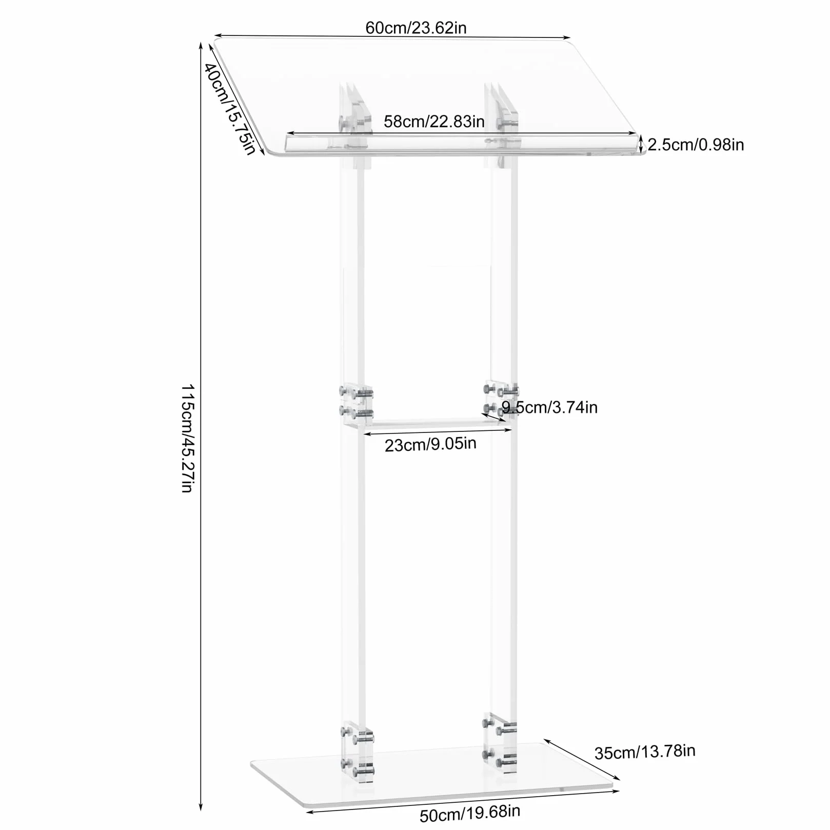 Pupitre de Conférence en Acrylique 115cm Podium Plan Incliné 60×40cm avec Étagère de Stockage