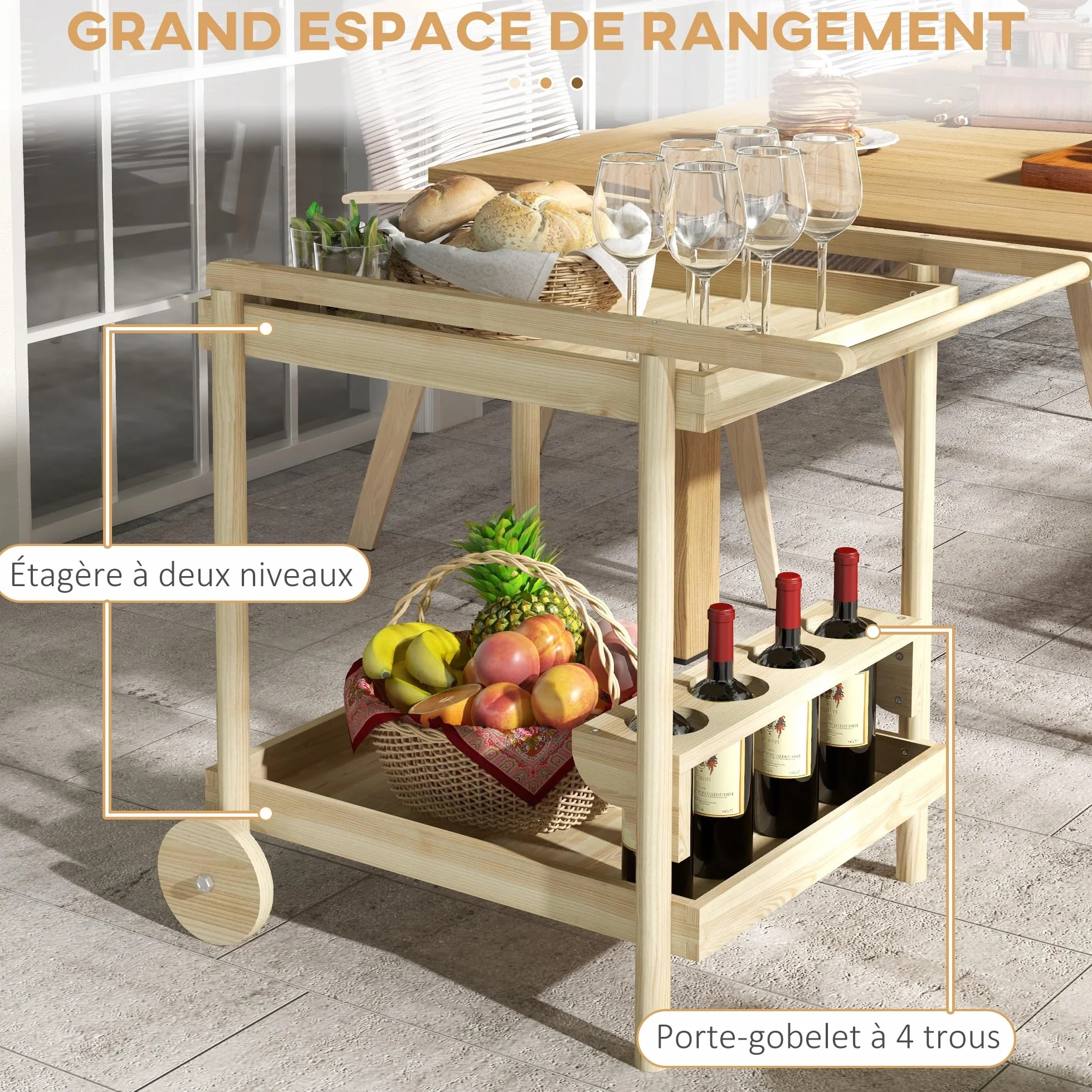 Outsunny Desserte de Jardin Chariot Barbecue en Bois 78x58,5x75 cm