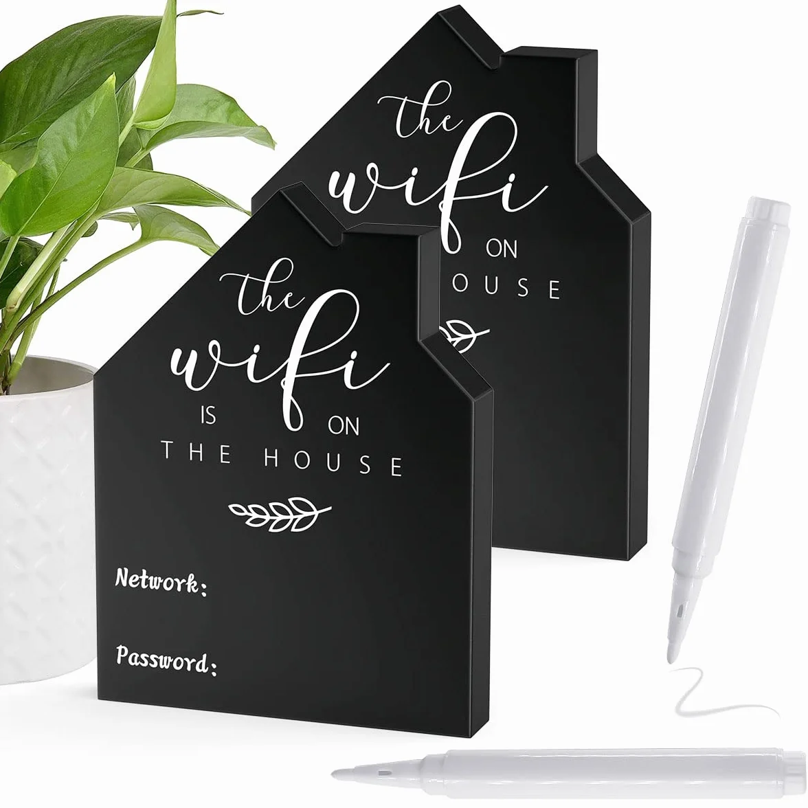 Signe WiFi en bois pour maison avec tableau noir et stylo effaçable 13x9 cm noir