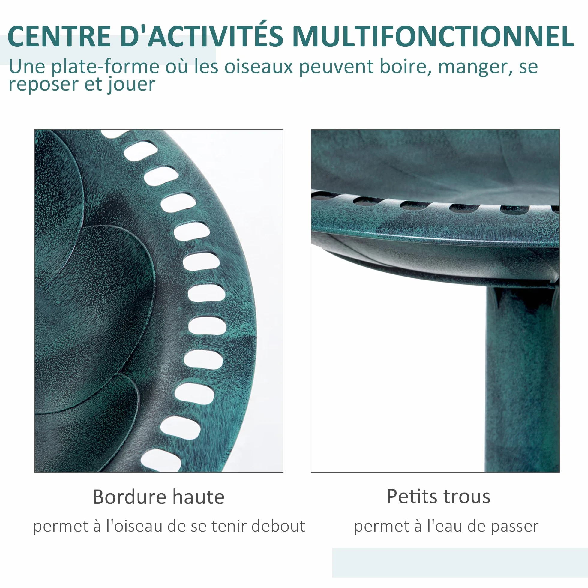 Outsunny Bain d'oiseaux Plateau 50cm, Abreuvoir Oiseaux extérieur Pied 69,5cm, Mangeoire Design Coquille Fleur-de-lys