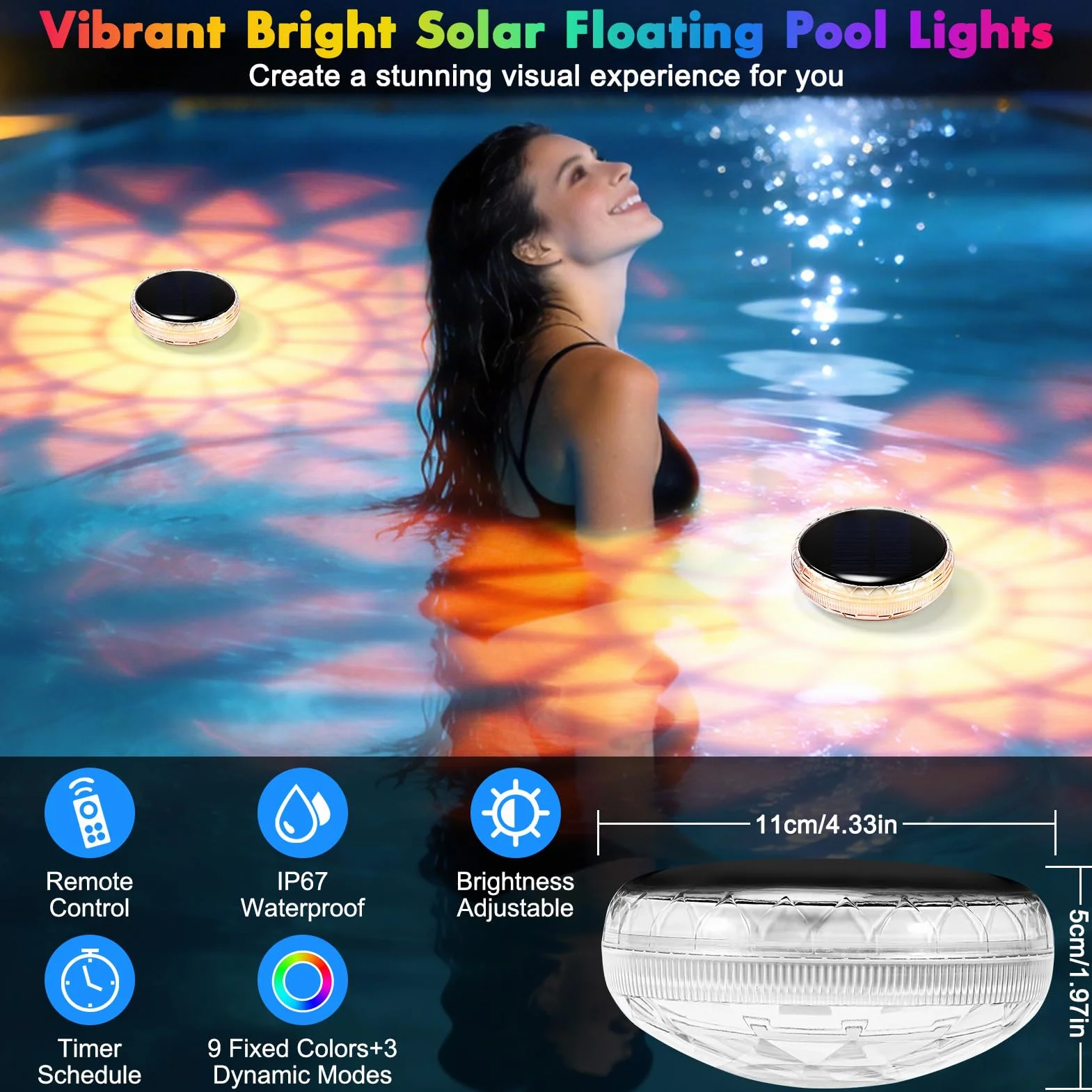 Lumière Piscine Flottante Solaire 2 Pièce Lampe Solaire Flottante avec Télécommande 9 Couleurs RGB 3 Modes Minuterie
