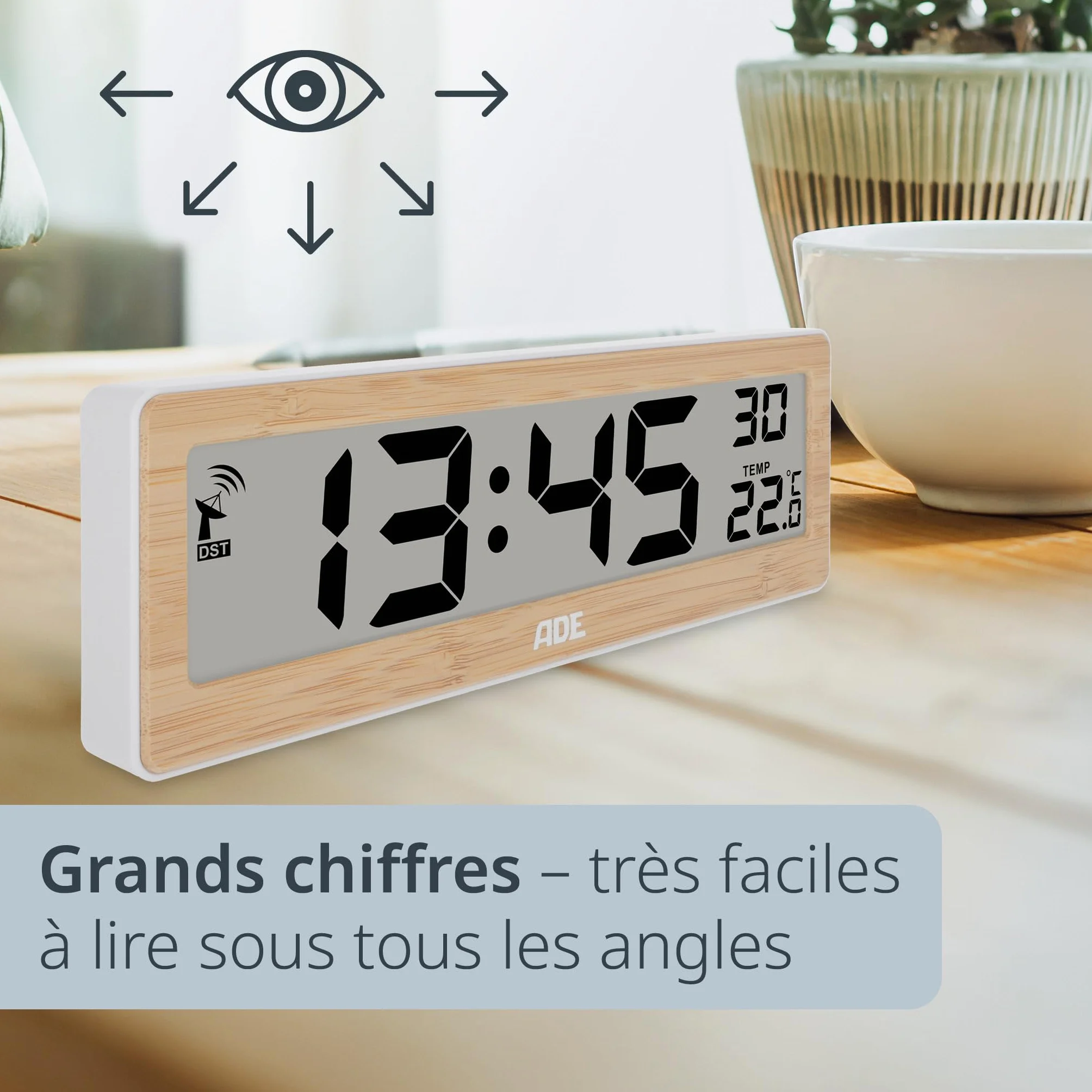 ADE Horloge radiopilotée numérique grands chiffres affichage température cadre bambou véritable