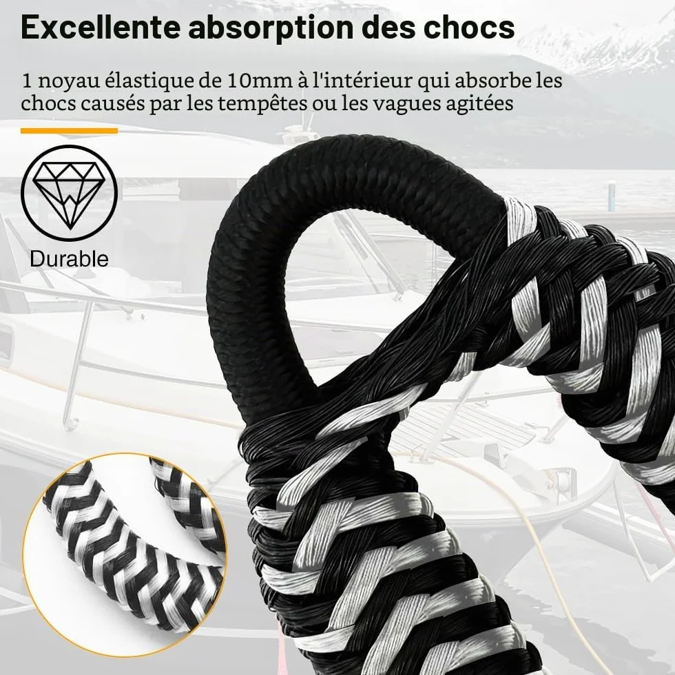 Corde d'amarrage, Accessoires Bateau Dock, Double Corde de Dock Tressée, Corde de Dock avec Crochet Corde d'amarrage pour Bateaux, Kayak, Jet Ski, Ponton, Canoë (Blanc)