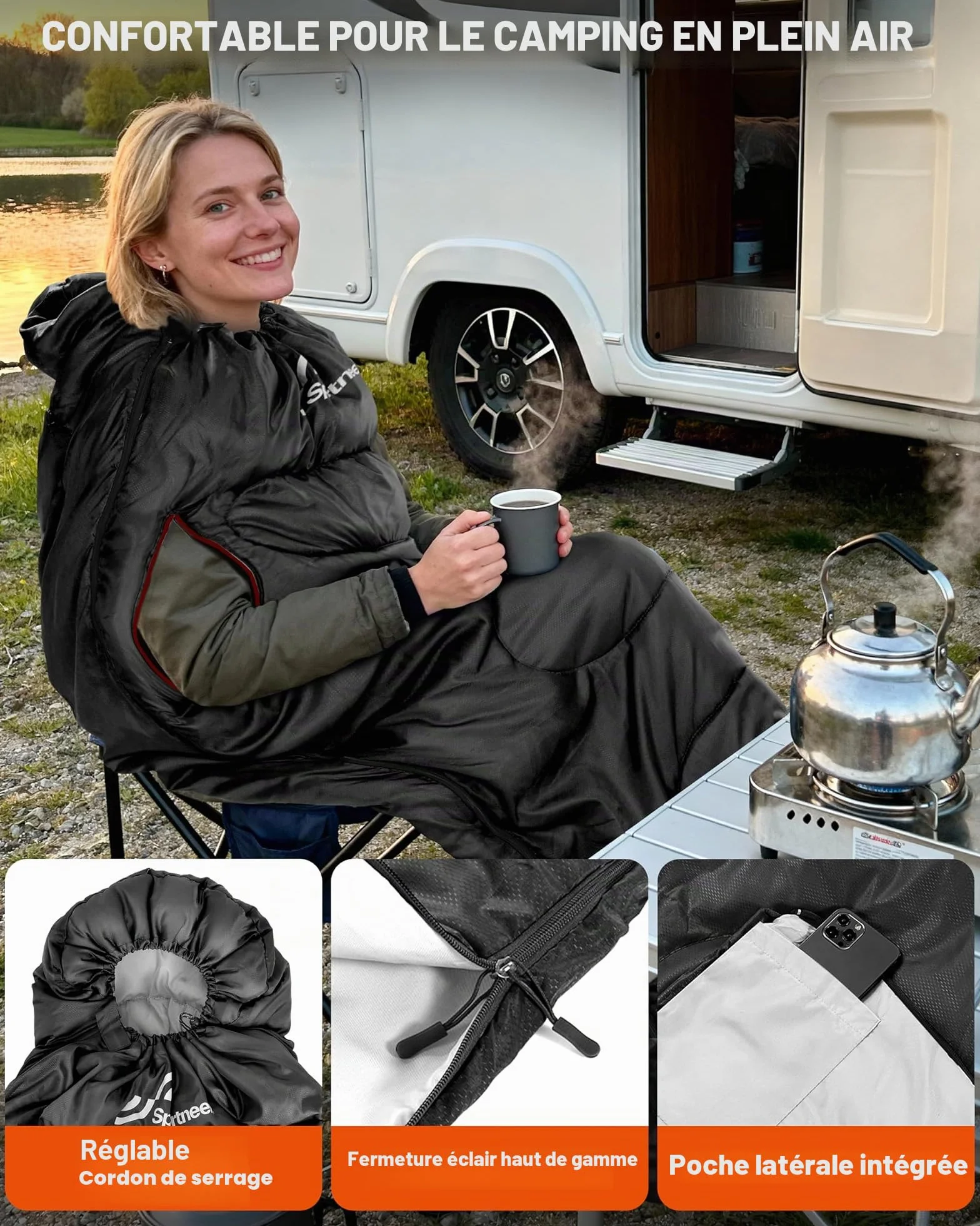 Sac de Couchage 3-4 Saisons 220 x 84 cm Imperméable Léger 1,9 kg Camping Plein Air