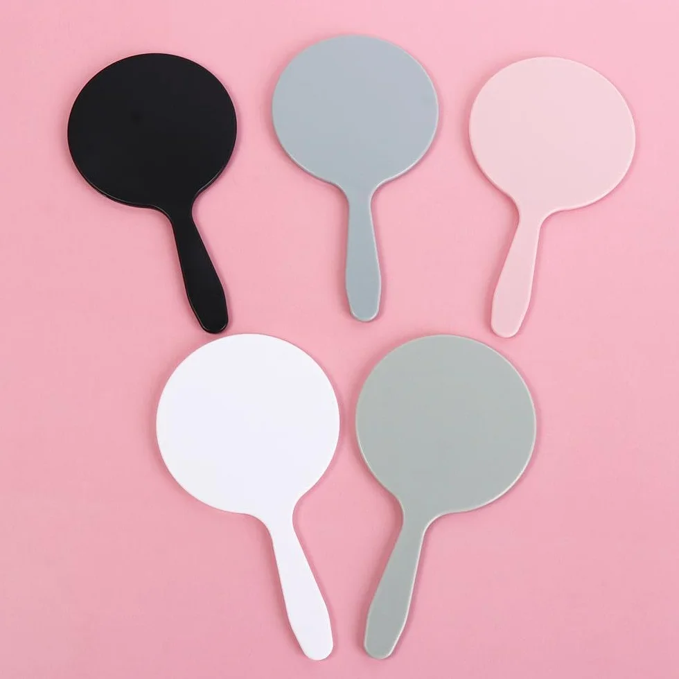 Miroir à main rond avec poignée maquillage portable rose femme