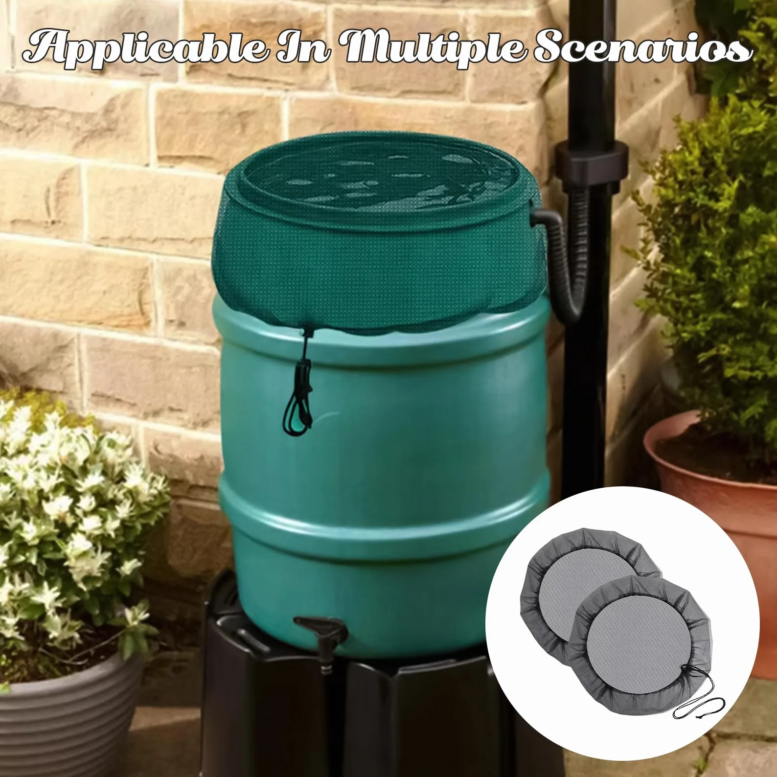 Lot de 2 filets de citerne de pluie de 95 cm avec cordon de serrage, filet de protection réglable pour citerne de pluie, moustiques, anti-feuilles et larves de moustiques