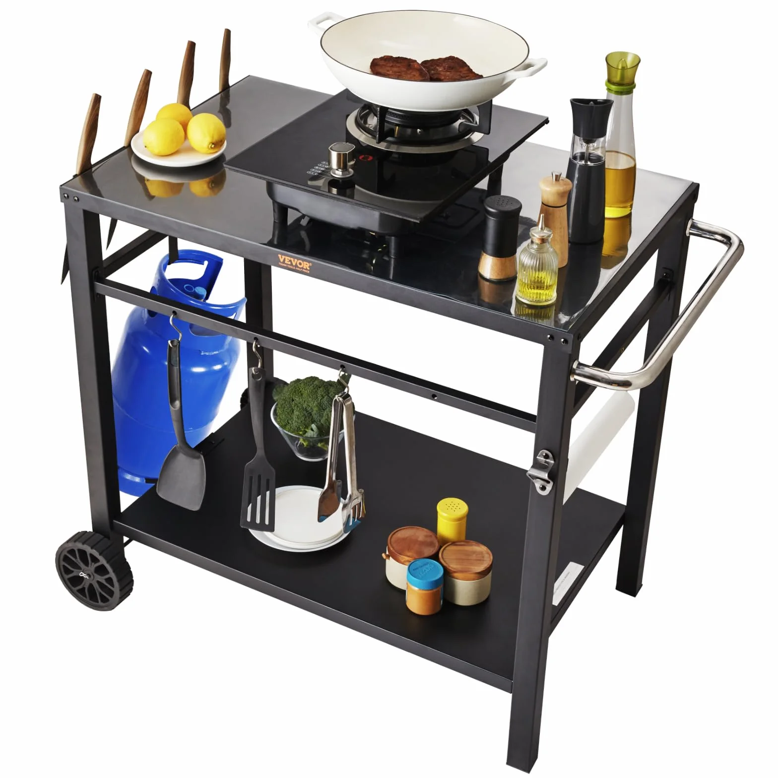 VEVOR Desserte Plancha 2 Niveaux Chariot Barbecue Table sur Roulettes 85x55x83,5 cm