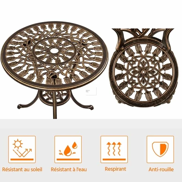 Yaheetech Ensemble Table et Chaises Salon de Jardin Balcon Kit Bistro 2 Chaises 1 Table Aluminium Bronze