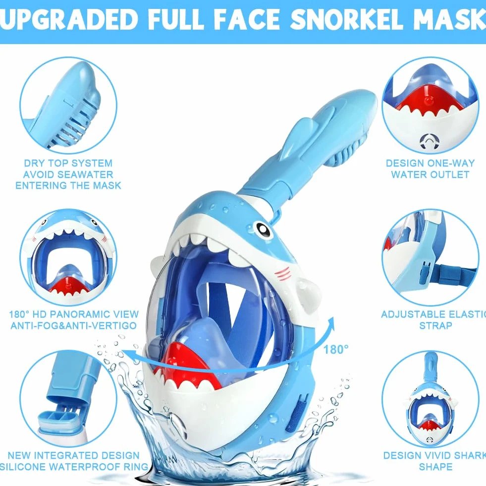 Masque de Plongée Enfants Intégral 180° HD Anti-Buée Anti-Fuite avec Tuba à Couvercle Sec