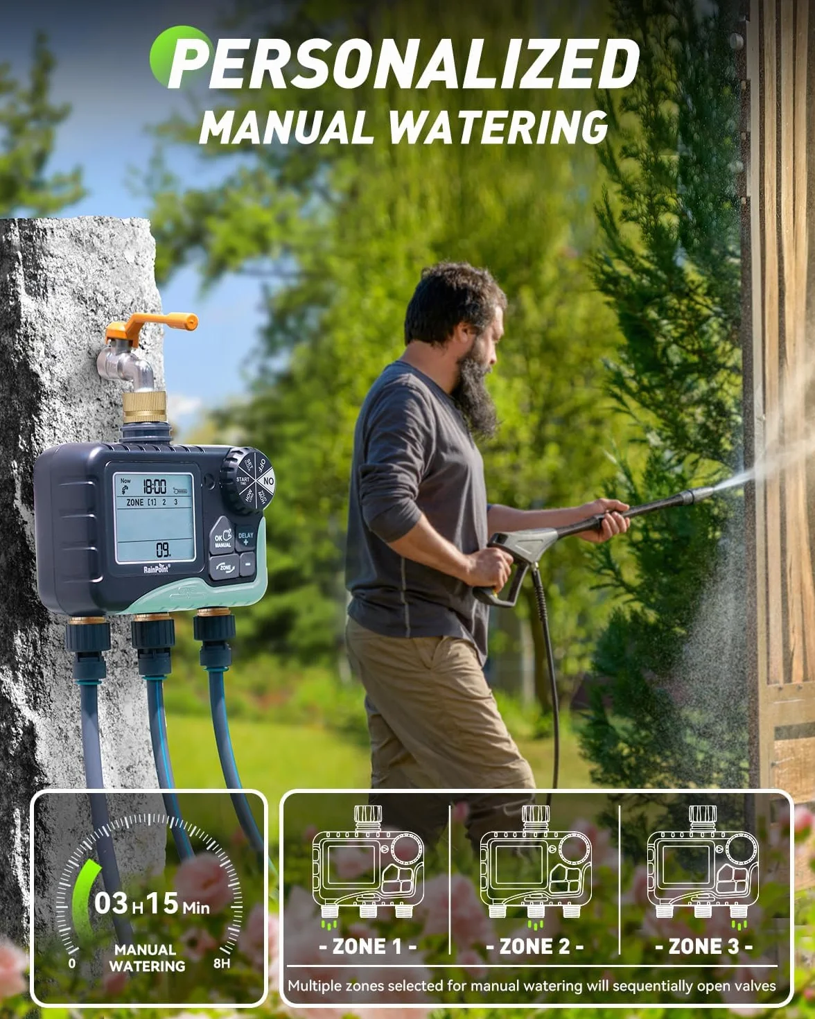 RAINPOINT Programmateur Arrosage 3 Sorties, Laiton, Automatique, Retard Pluie, Écran LCD, Minuterie Jardin