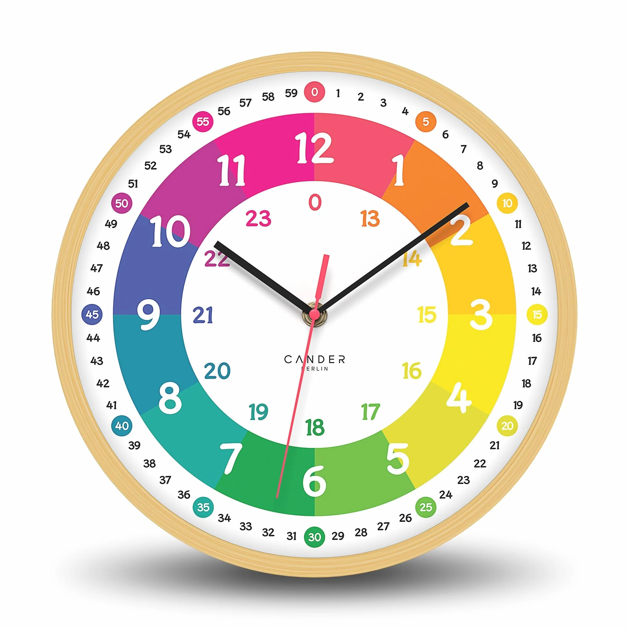 Cander Berlin MNU 2425 R Horloge murale silencieuse enfant bois apprentissage analogique sans tic-tac Multicolore 25 cm