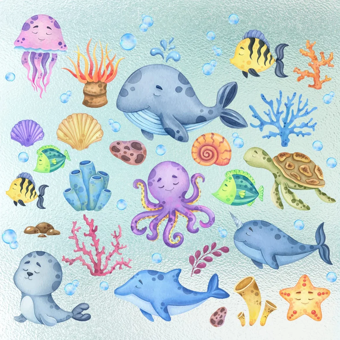 Stickers fenêtre enfant MONDE SOUSMARIN imperméable 59 pièces animaux marins poissons mer océan autocollant salle de bain