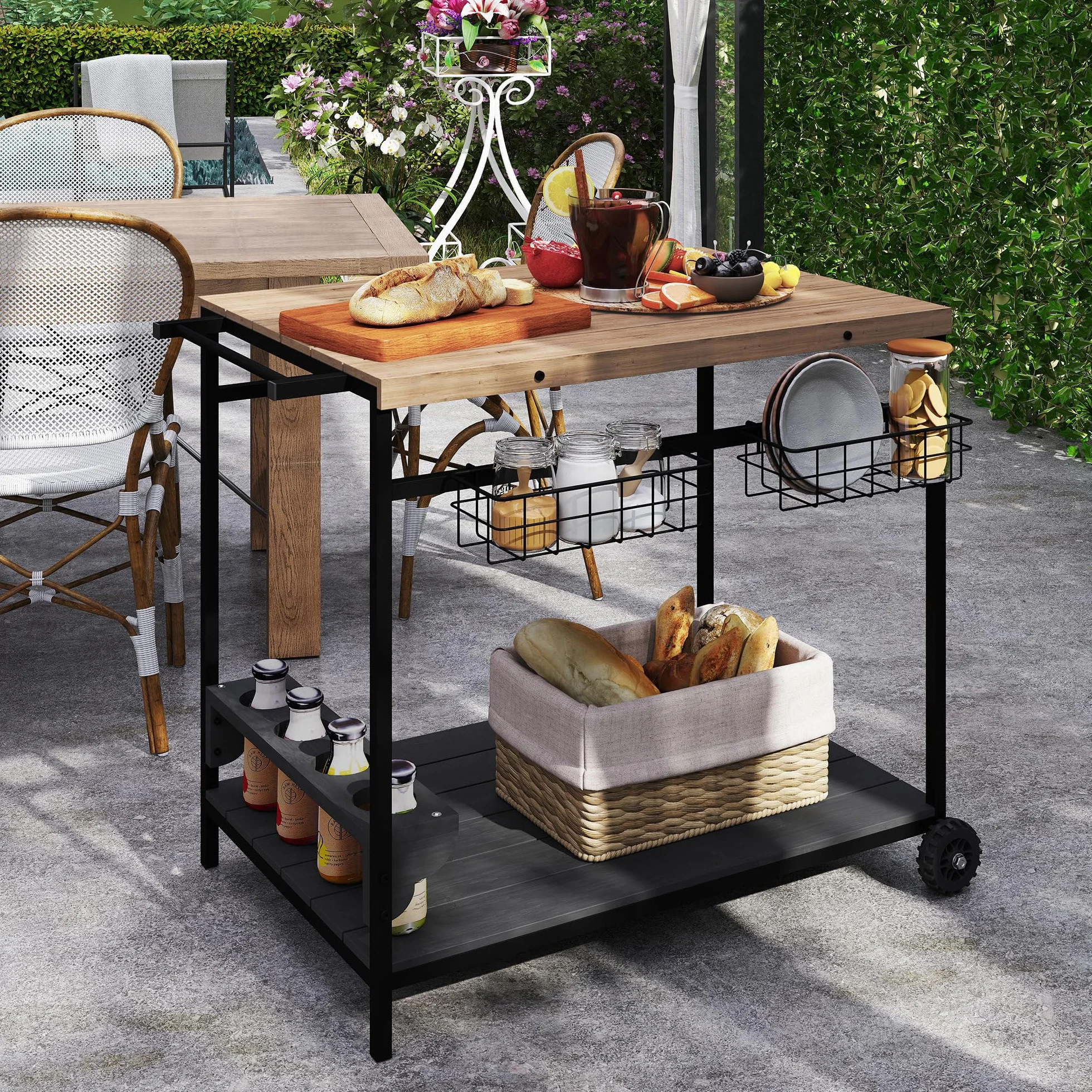 Outsunny Desserte de Jardin Chariot pour plancha Barbecue en Bois et métal 2 Plateaux 2 paniers Porte-Bouteilles 97,5L x 65l x 81H cm Naturel Noir