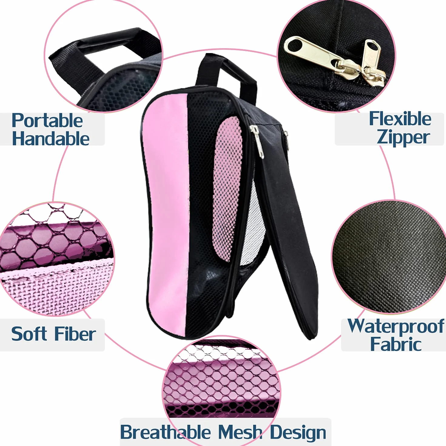Sac à chaussures de golf homme/femme avec ventilation, sac de transport zippé rose clair