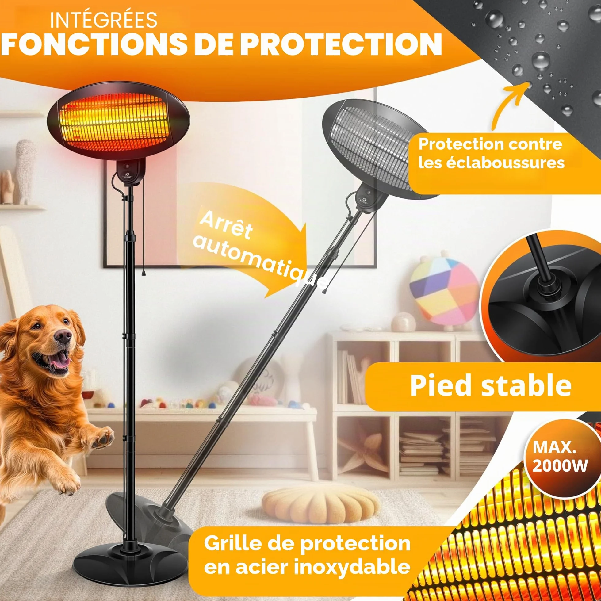 KESSER Chauffage radiant 2000 Watt Infrarouge sur pied terrasse intérieur extérieur