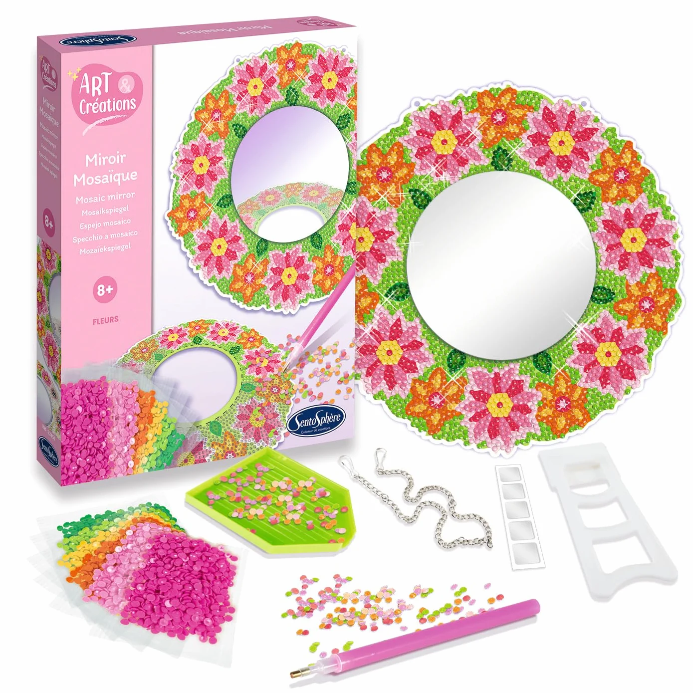 Sentosphère Miroir Mosaïque Fleurs Coffret créatif pour enfants dès 8 ans Kit complet avec cire adhésive crayon plateau 32450