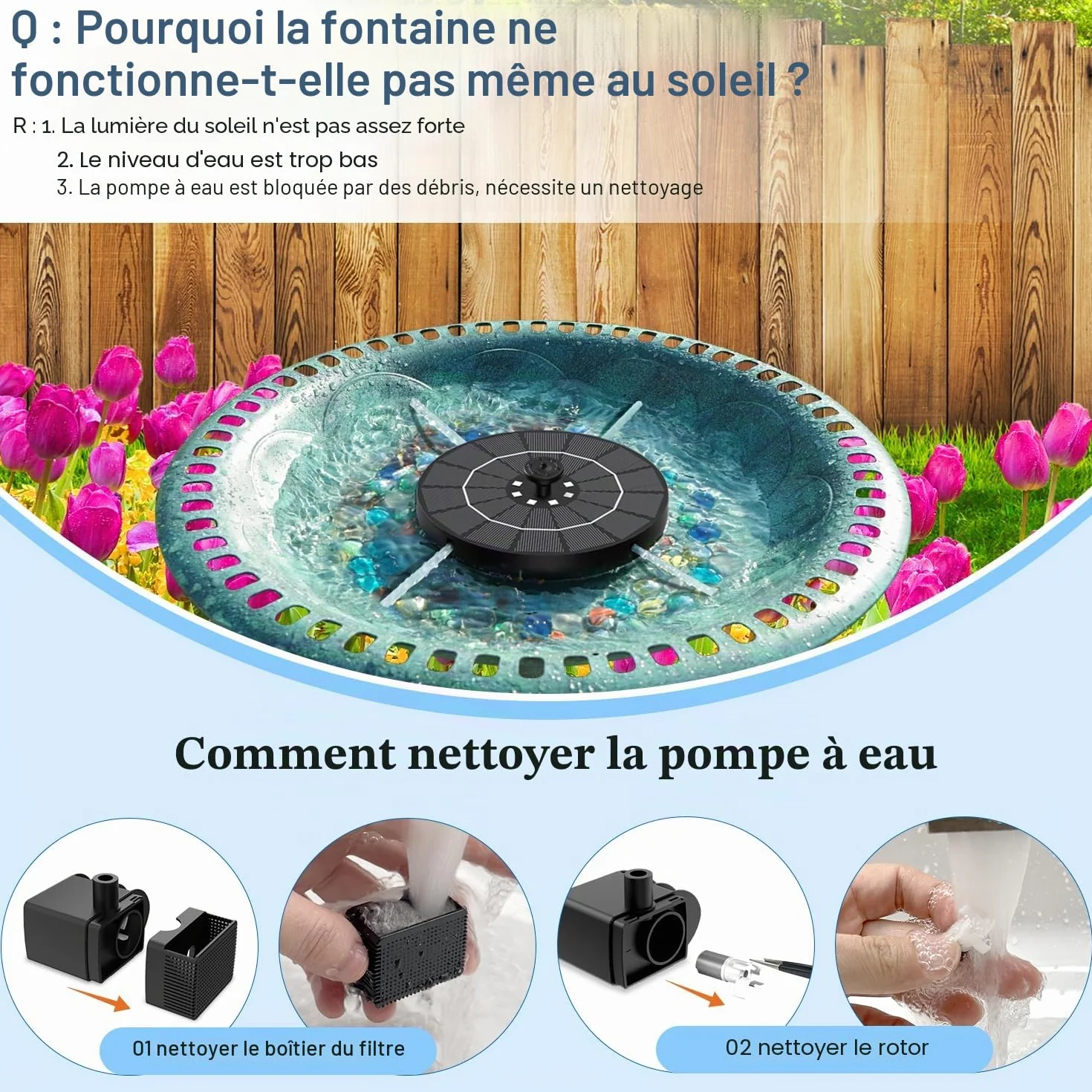 Fontaine Solaire Exterieure de Jardin 3.5W LEDs Colorées 2200mAh Batterie Pompe Solaire Bassin 8 Buses pour Bain d'oiseaux