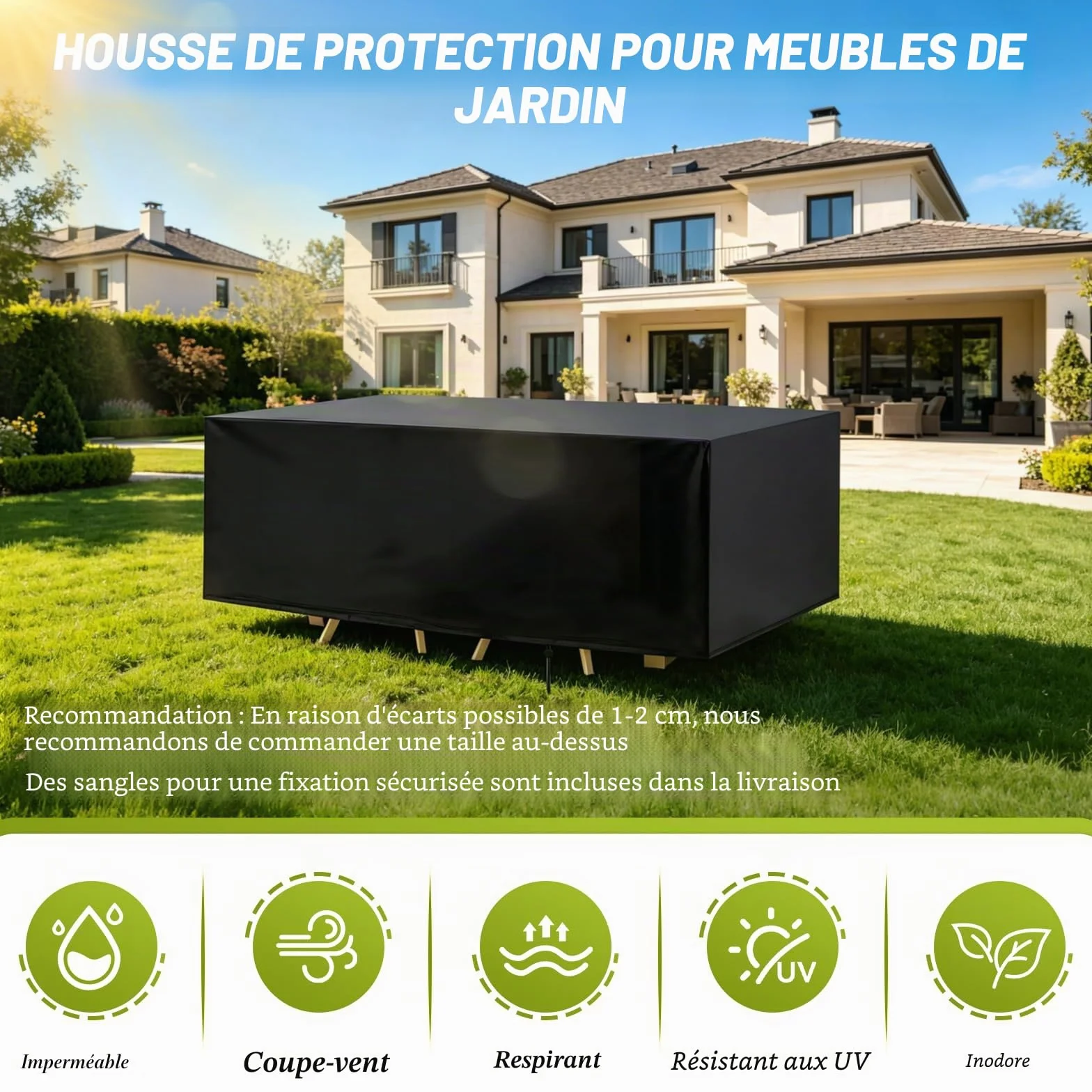 Housse Salon de Jardin Rectangulaire Imperméable Anti-UV pour Table Extérieur 213x132x72cm Noir