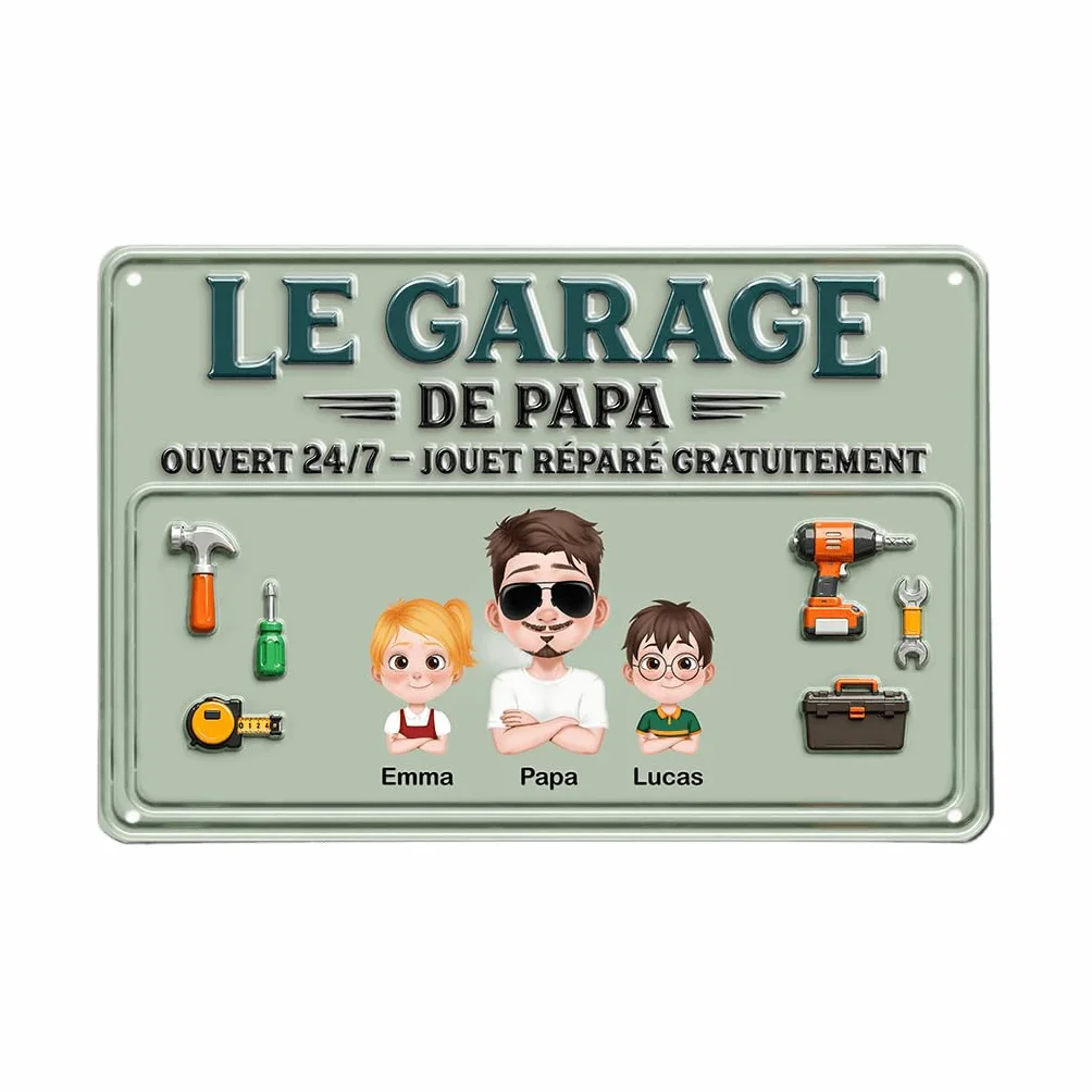 Plaque Métal Personnalisée Le Garage De Papy Et Papa Cadeau fête des pères (2 Enfants)