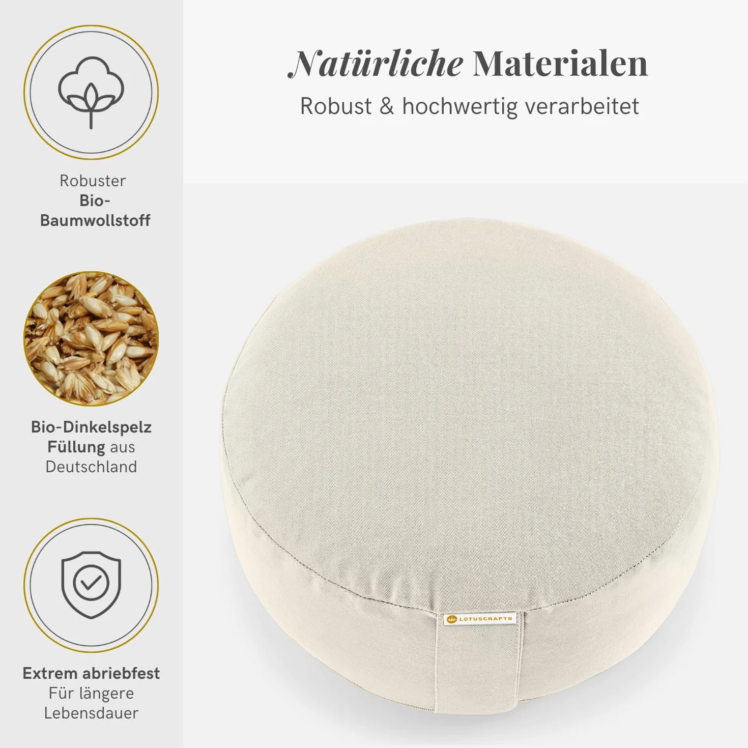 LOTUSCRAFTS Coussin de méditation, hauteur d'assise 15 cm, modèle Lotus rond, coussin de yoga, yoga bolster, housse en coton lavable, rembourrage d'épeautre, Certifié GOTS