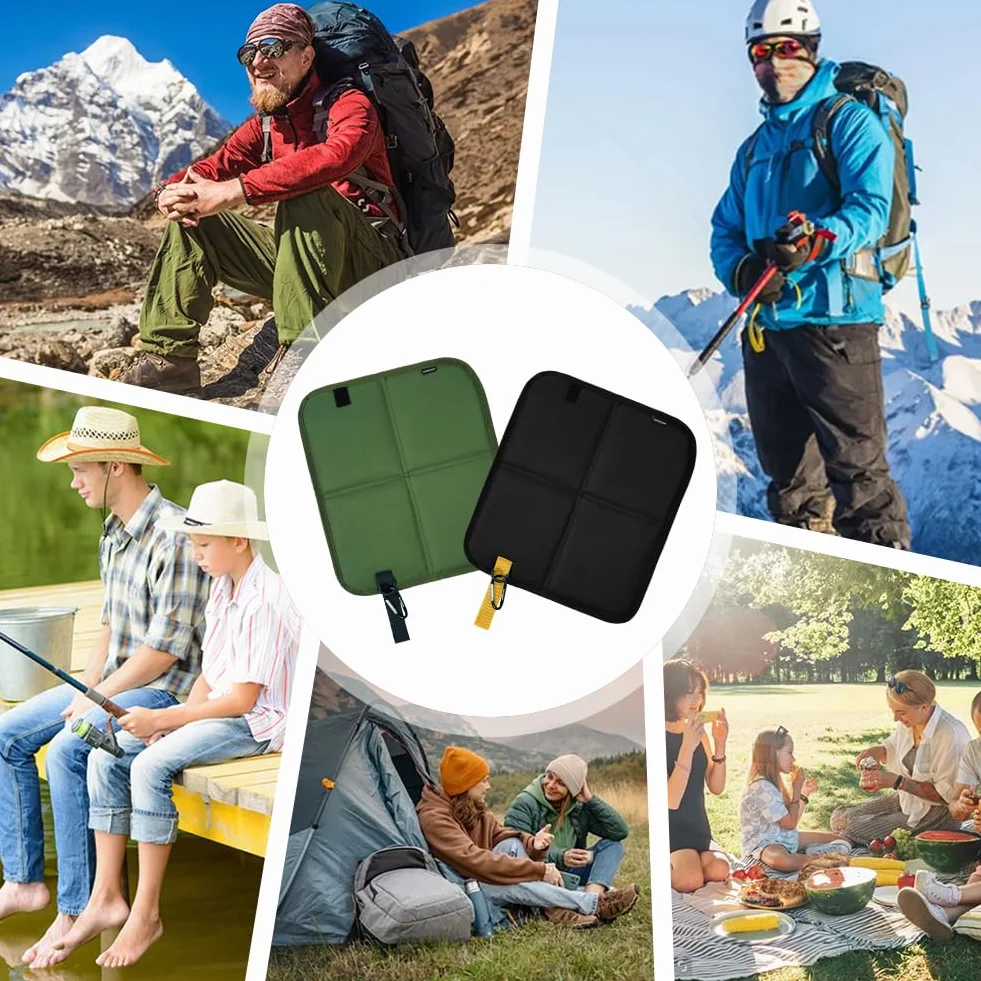 HOTUT Lot de 2 Coussins de Siège d‘Extérieur Pliables - Tapis d’Assise Noir et Vert 4 Fois Pliant, Étanche et Isolé - pour Camping, Randonnée, Pique-Nique, Stade