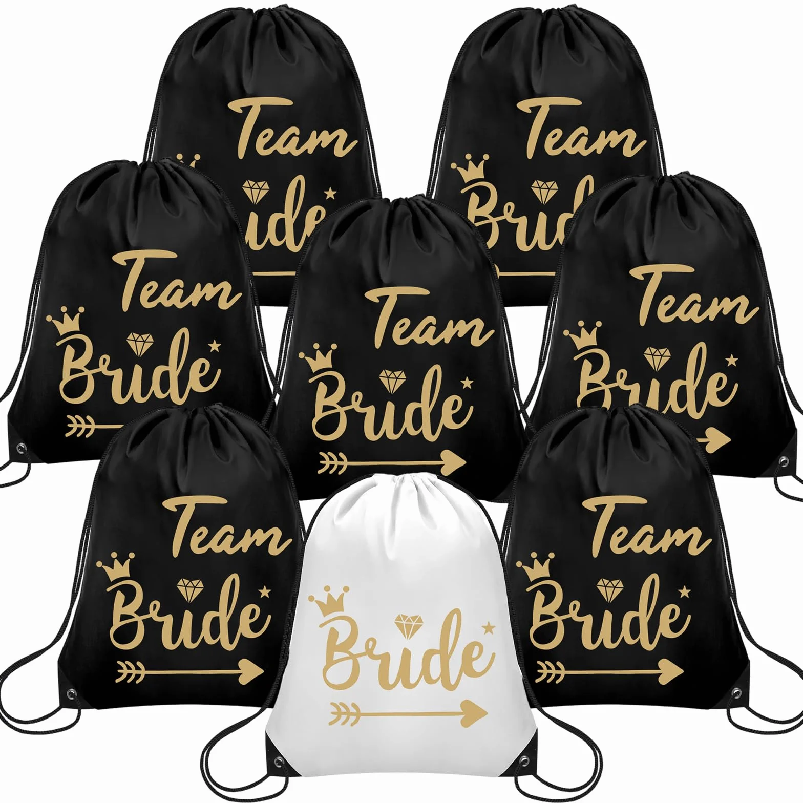 Lot de 8 sacs de gym avec cordon de serrage - Pour enterrement de vie de jeune fille - Pour fiançailles, JGA - Cadeau de mariage, Noir
