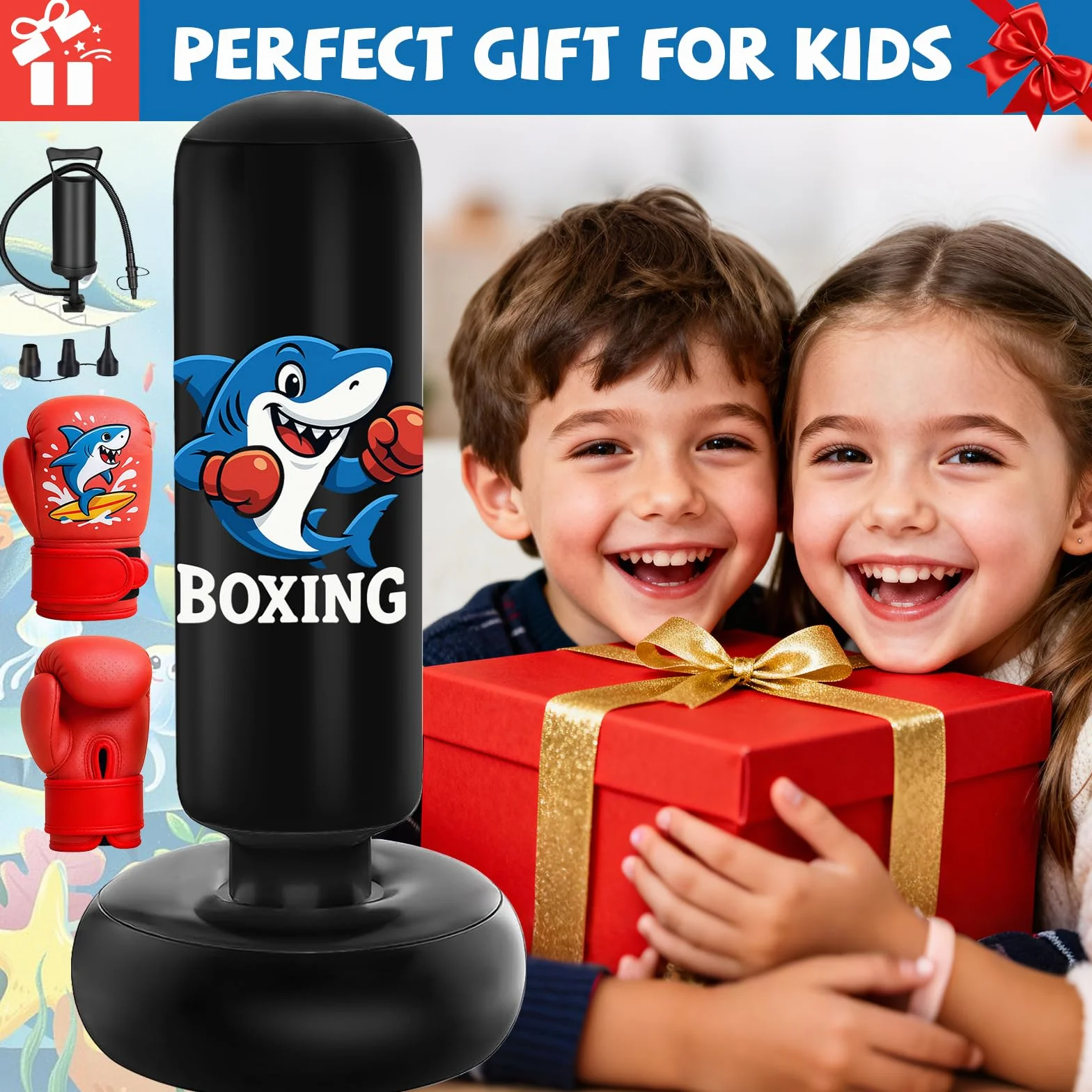 Qoosea Sac de Boxe pour Enfants 3 à 8 Ans, 130cm Gonflable Sac de Frappe sur Pied, Sac de Boxe Set de Formation avec Gants, Cadeau Parfait pour Garçons et Filles pour Karaté, Taekwondo