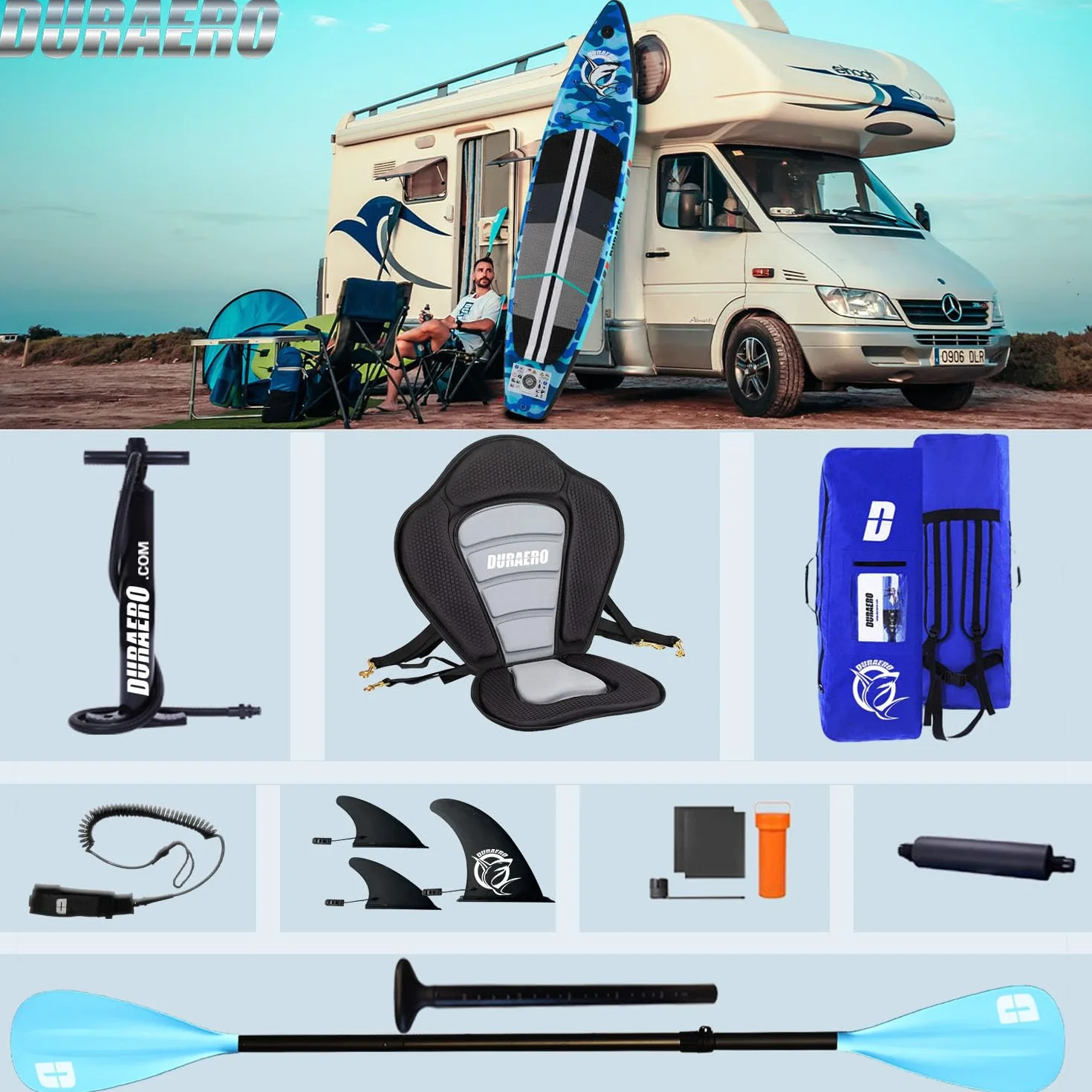 Planche de Stand up Paddle Gonflable, 330 x 76 x 15 cm, siège de Kayak, capacité de Charge jusqu'à 150 kg, Support pour caméra, Kick-Pad intégré, 3 ailerons, pagaie Double réglable, Camouflage Blue