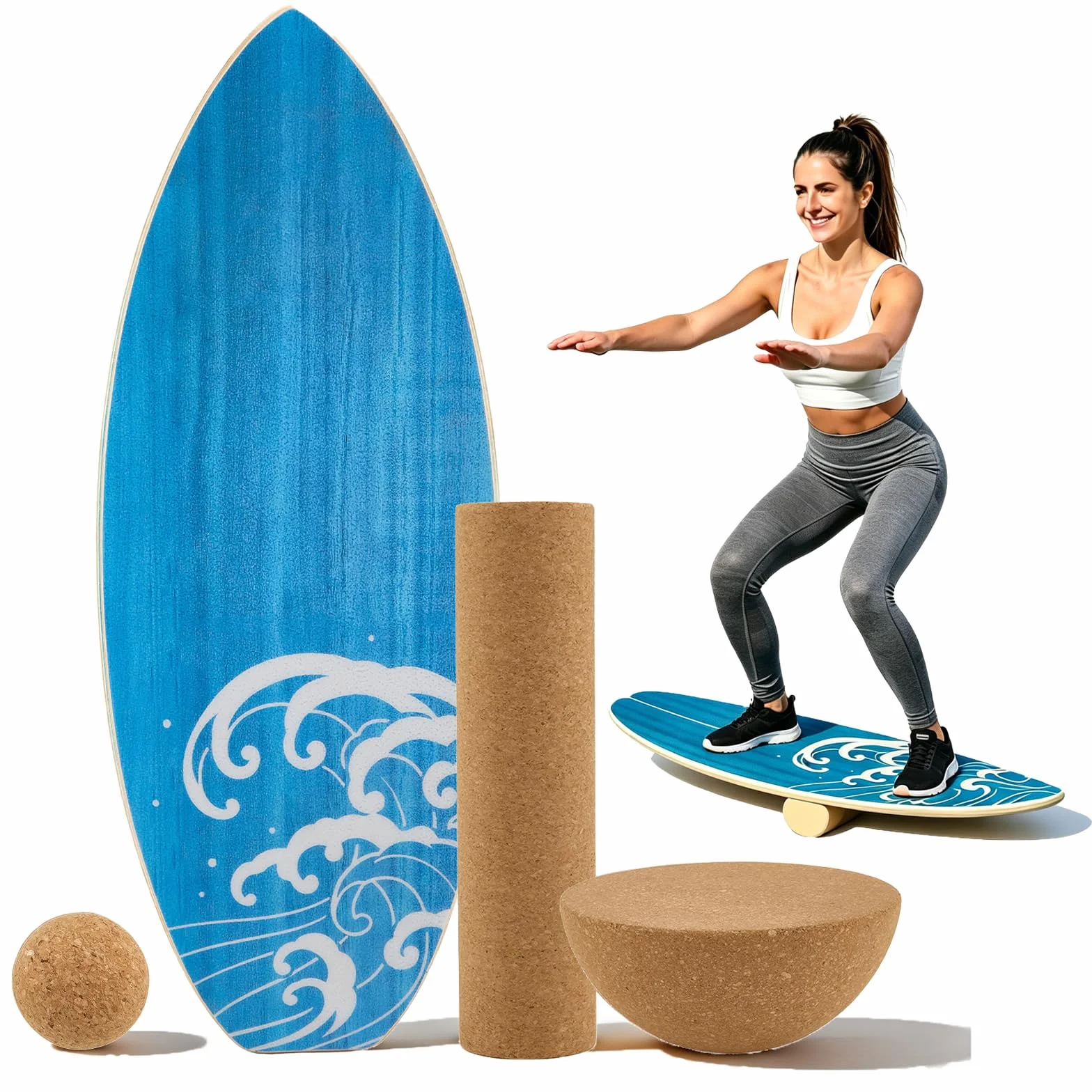 Planche d'Équilibre en en Bois Massif, Balance Board Surf avec Rouleau, Planche de Surf d’Intérieur pour le Surf, Fitness, Proprioception à la Maison
